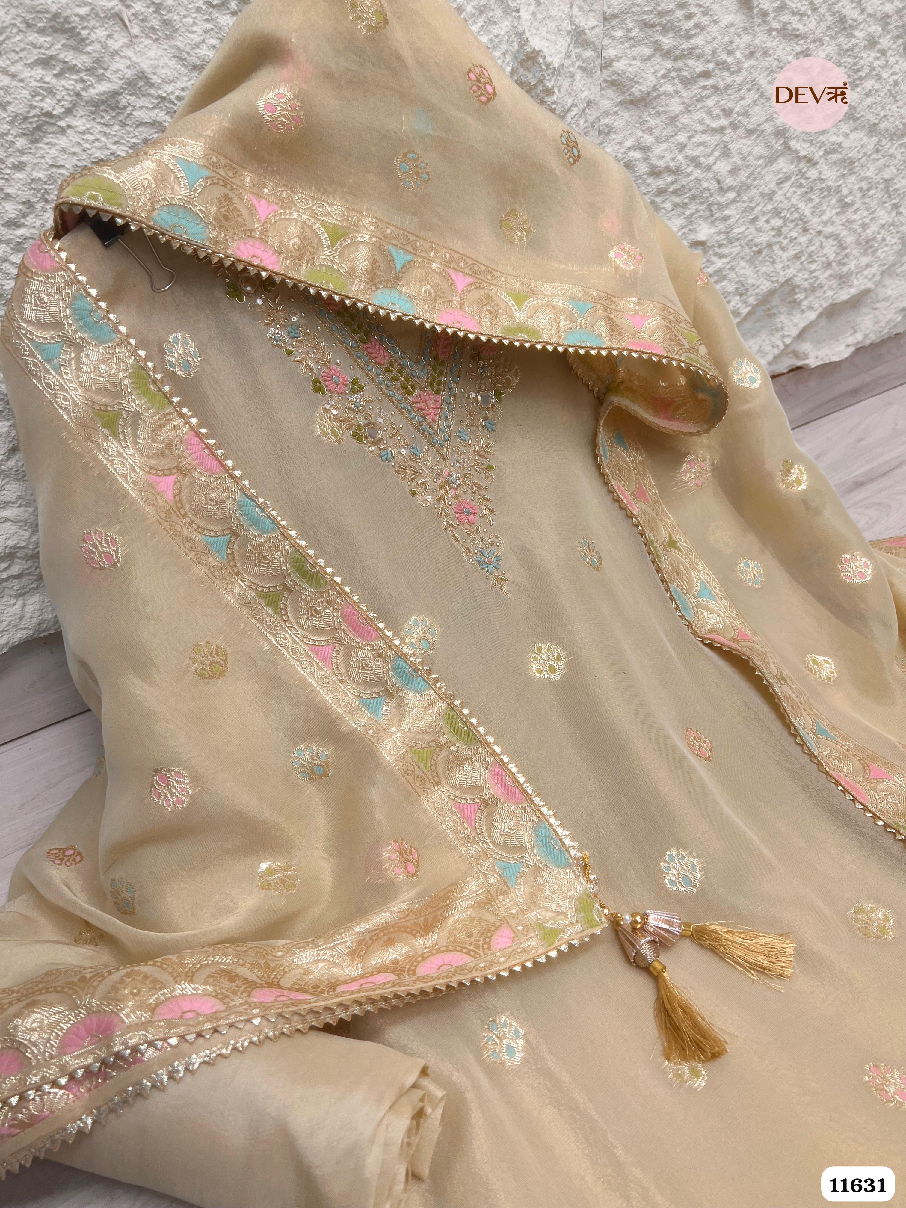 Beige Pure Organza Silk Unstitched Hand Embroidered Banarasi Weave -Set Of 3 {11631}
