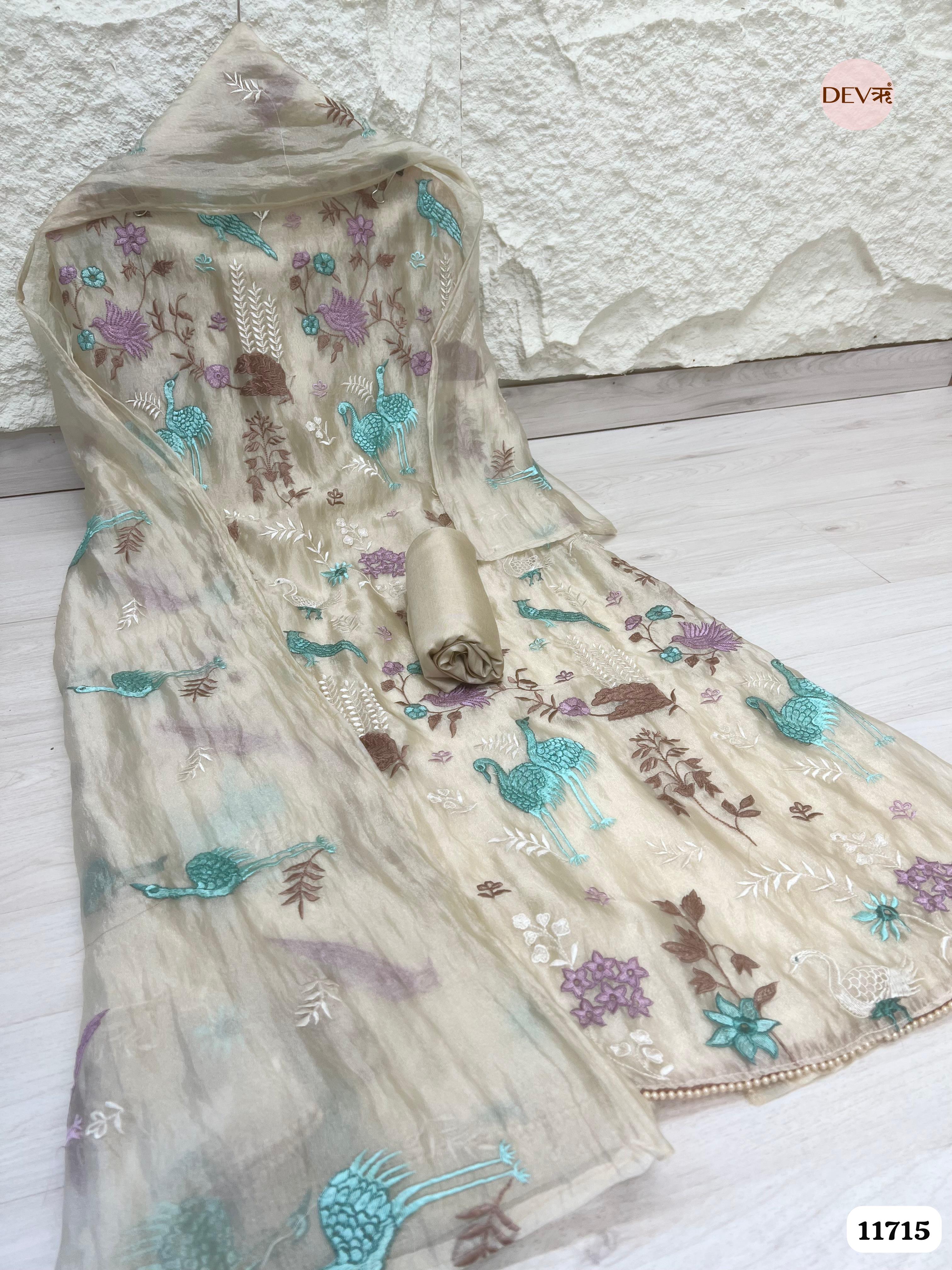 Beige Tissue Organza Silk Unstitched Embroidered -Set Of 3- {11715}