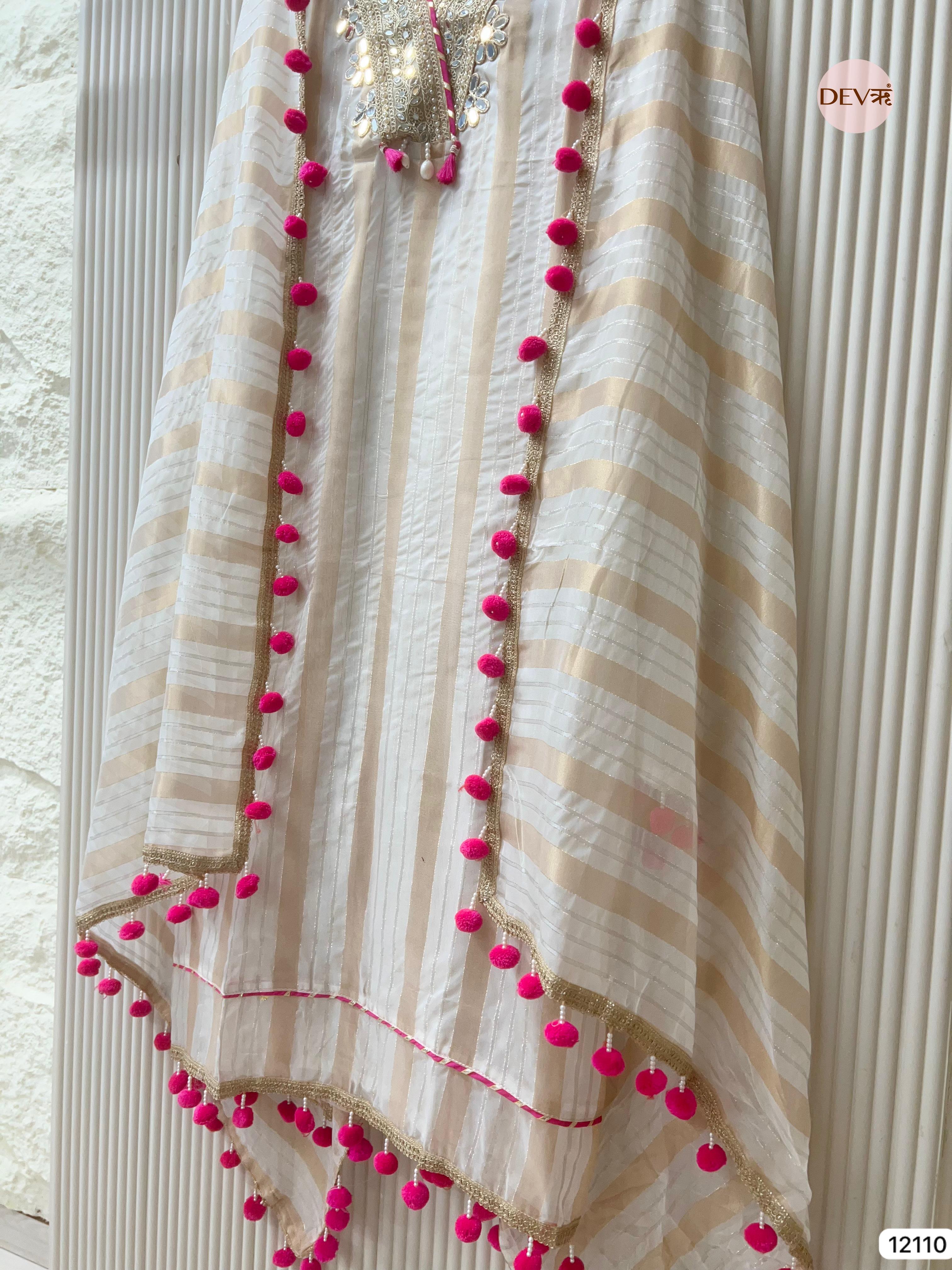 Cream Colour Tissue Shimmer Silk Unstitched Hand Embroidered -Set Of 3 - {12110}