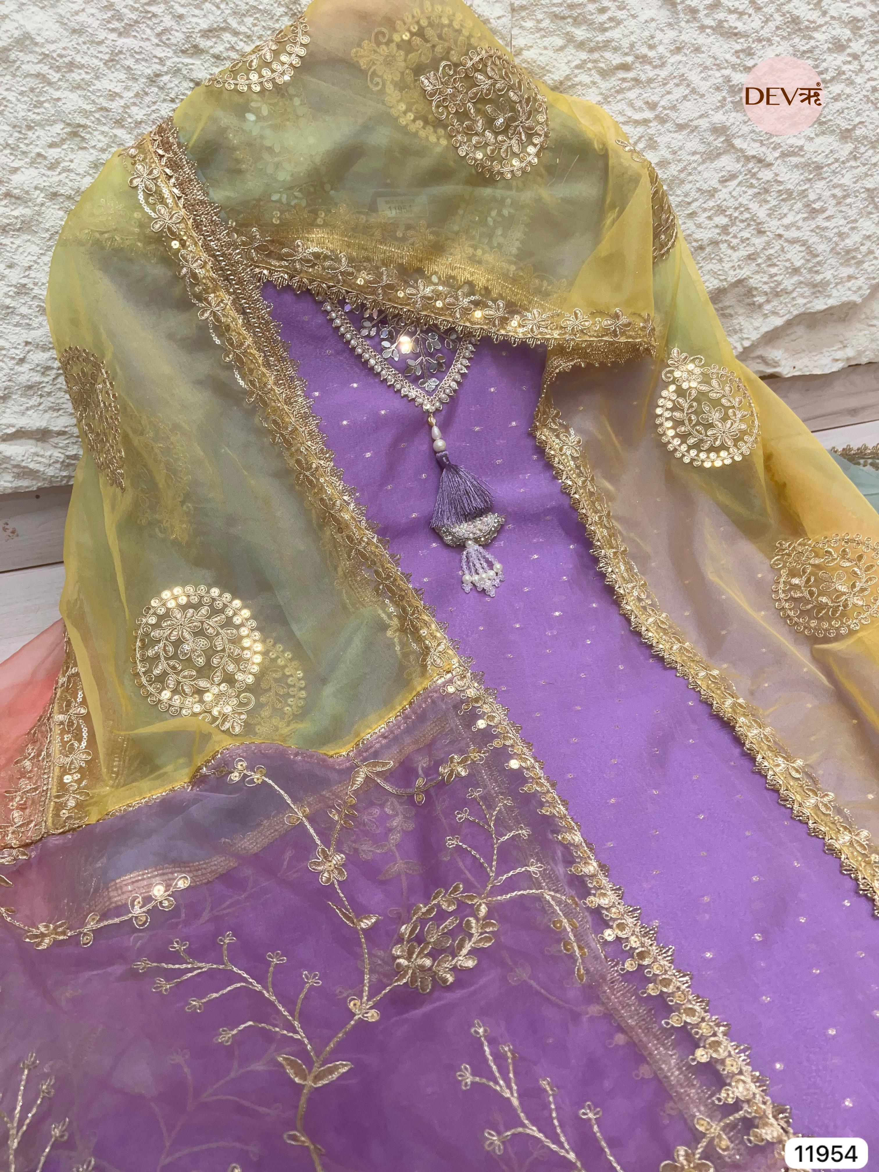 Purple Pure Shimmer Tissue Silk Unstitched Hand Embroidered -Set Of 3 - {11954}