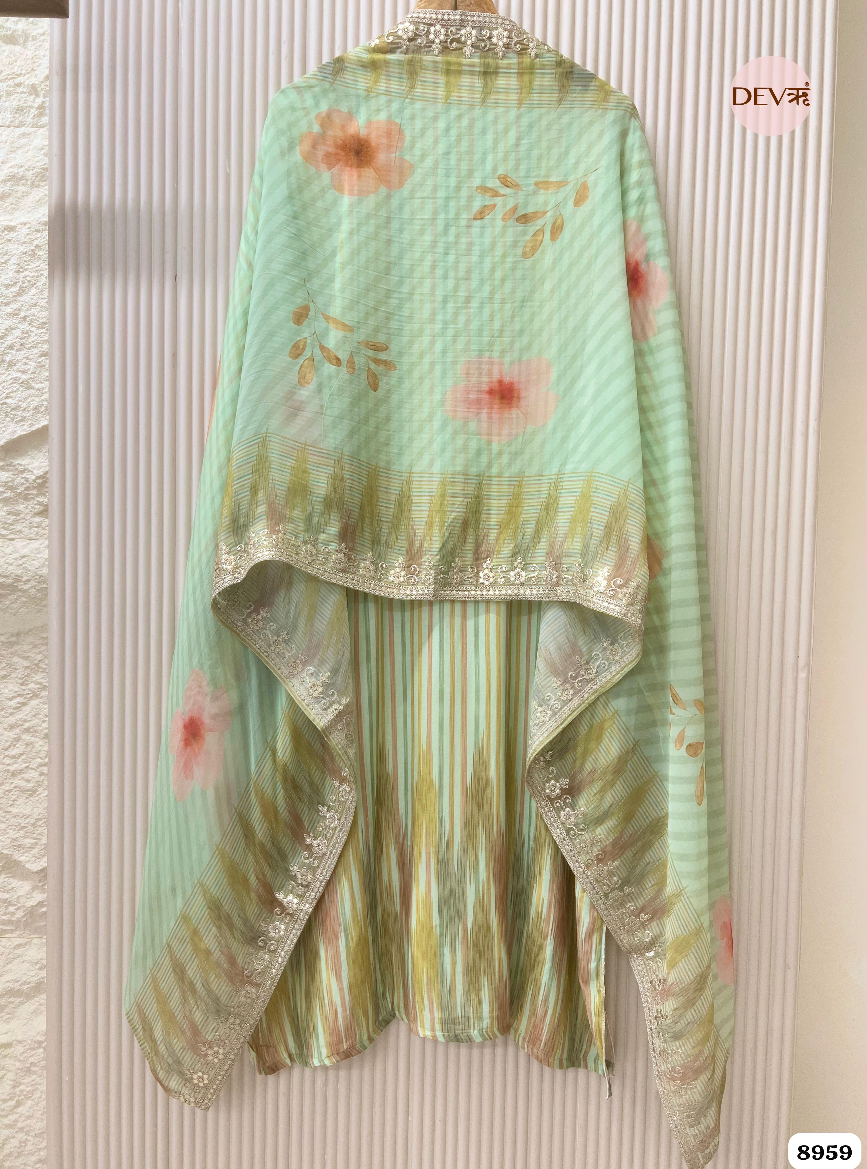 Green Pure Muslin Unstitched Printed Hand Embroidered -Set Of 3 - {8959}