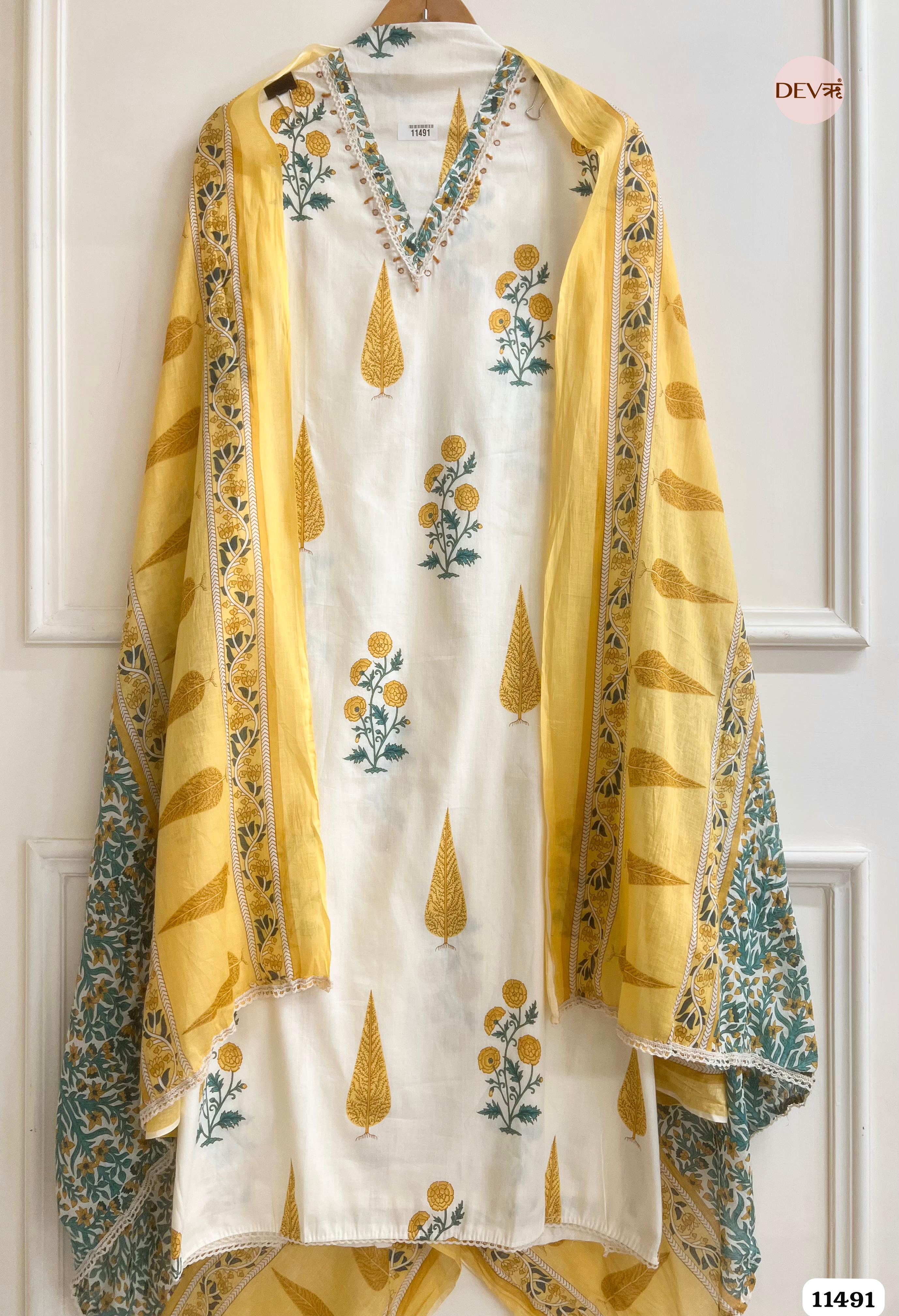 Yellow Pure Cotton unstitched Printed Embroidered -Set Of 3 {11491}