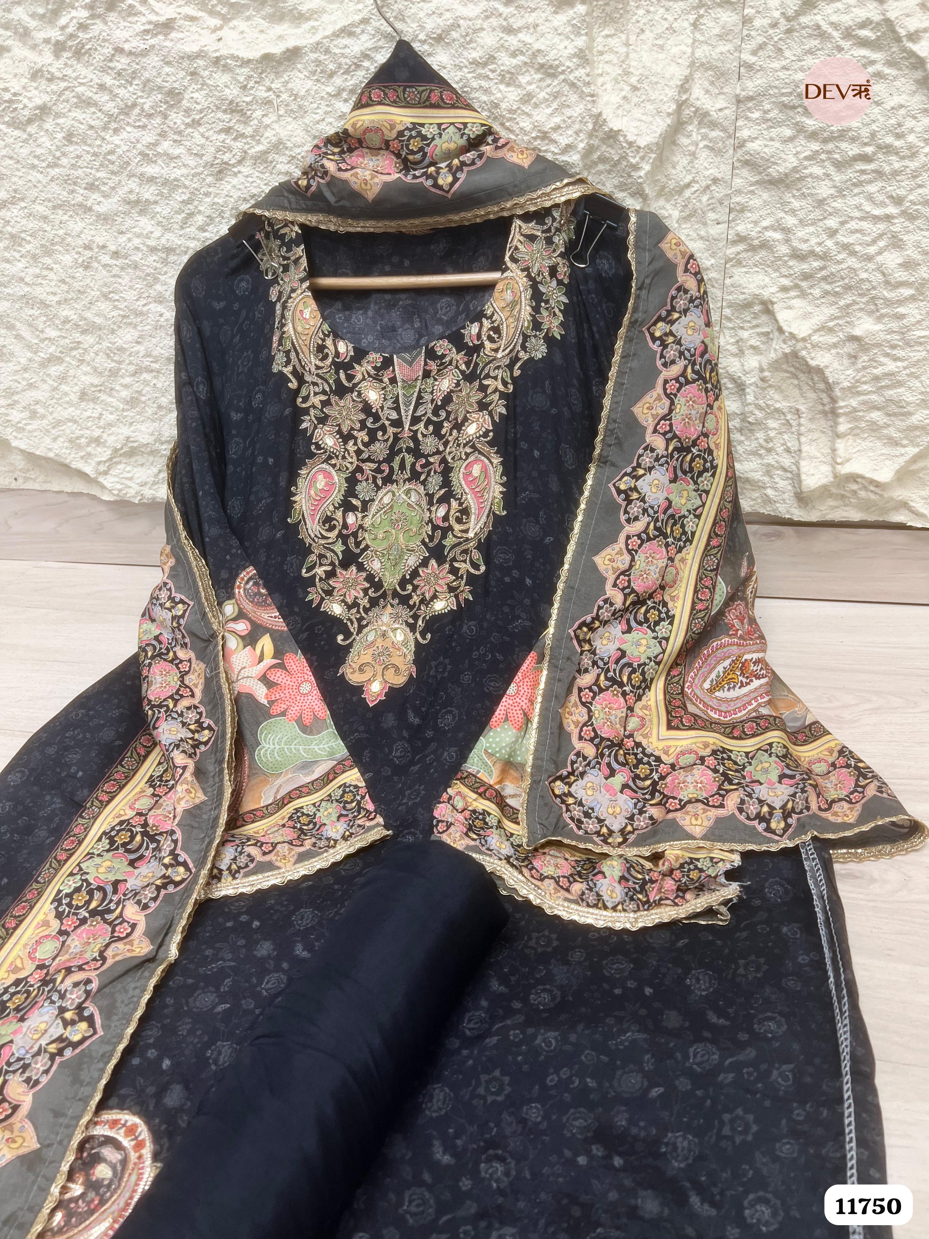 Black Muslin Semi Stitched Printed Hand Embroidered -Set Of 3- {11750}