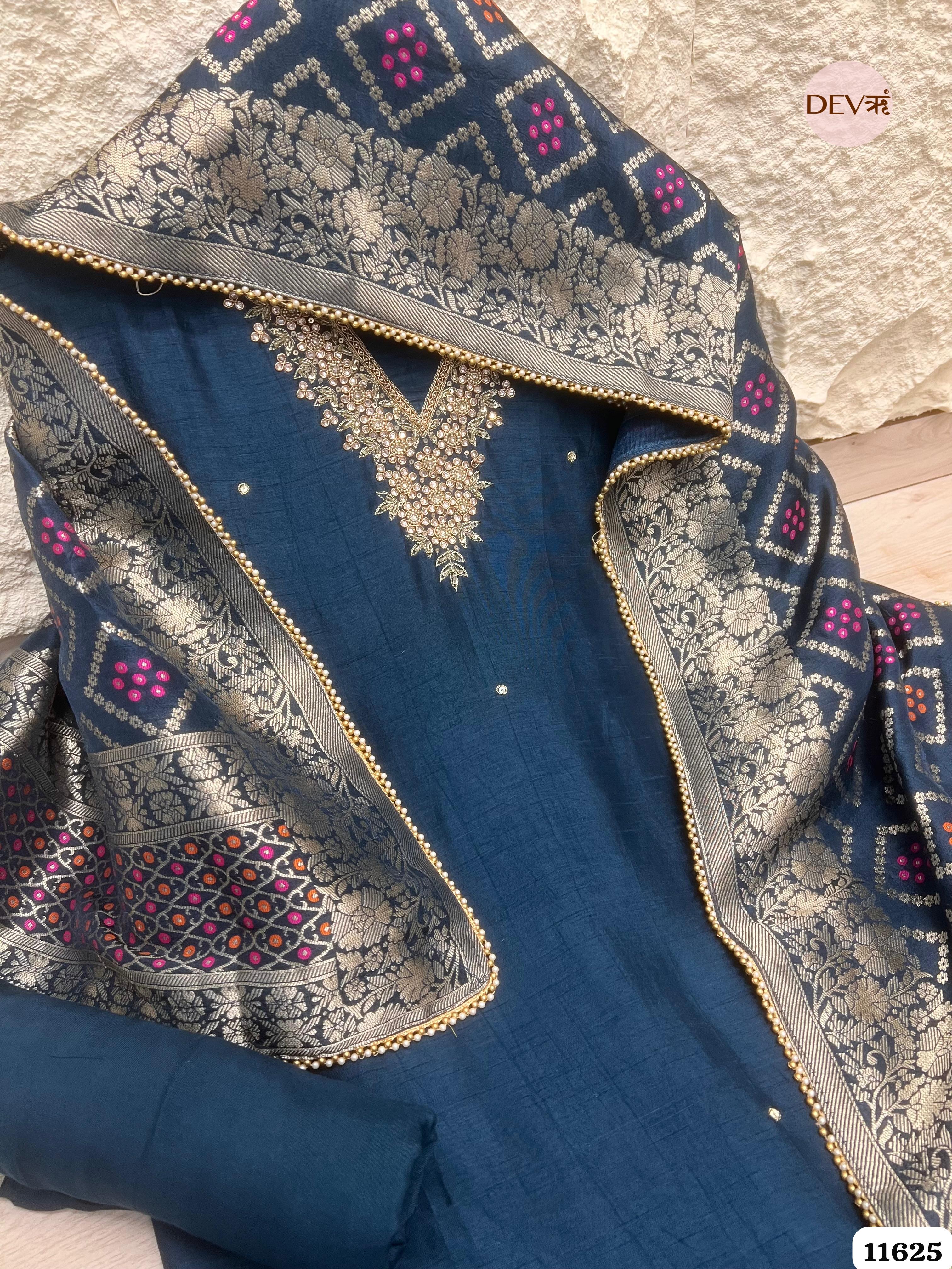 Navy Blue Pure Russian Silk Unstitched Hand Embroidered -Set Of 3 {11625}