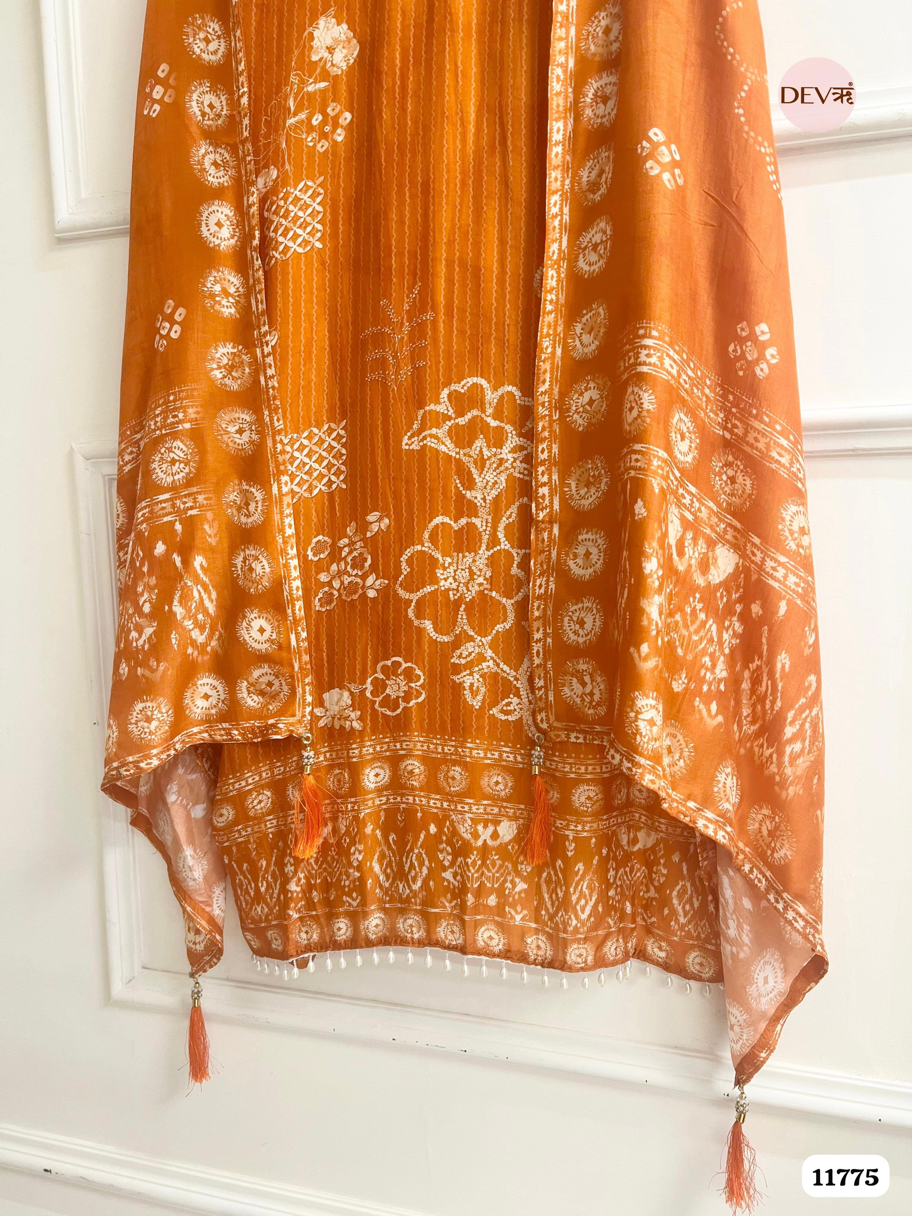 Orange Russian Silk Unstitched Printed Hand Embroidered -Set Of 3 {11775}
