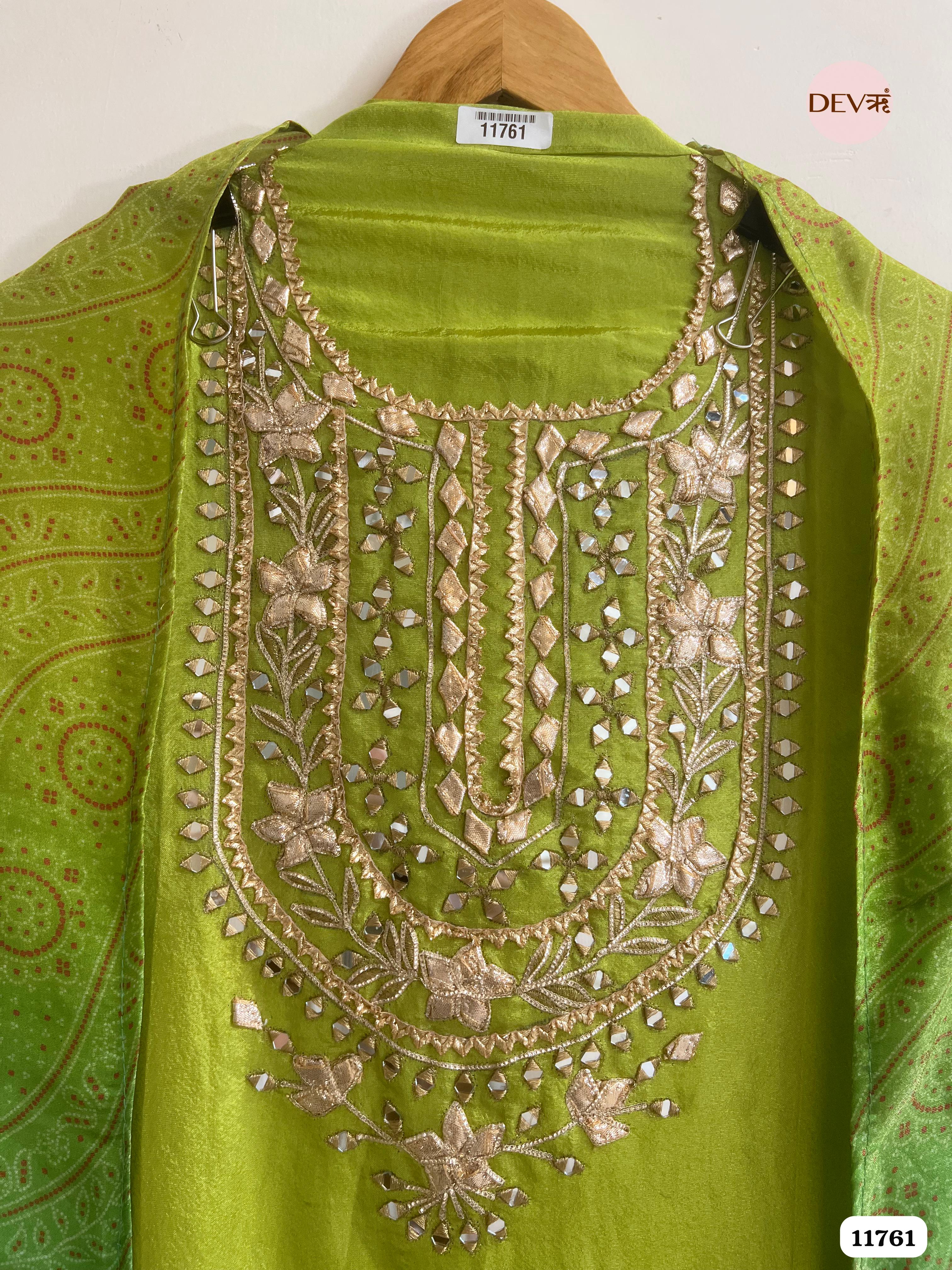 Green Tissue Silk Unstitched hand Embroidered -Set Of 3 {11761}