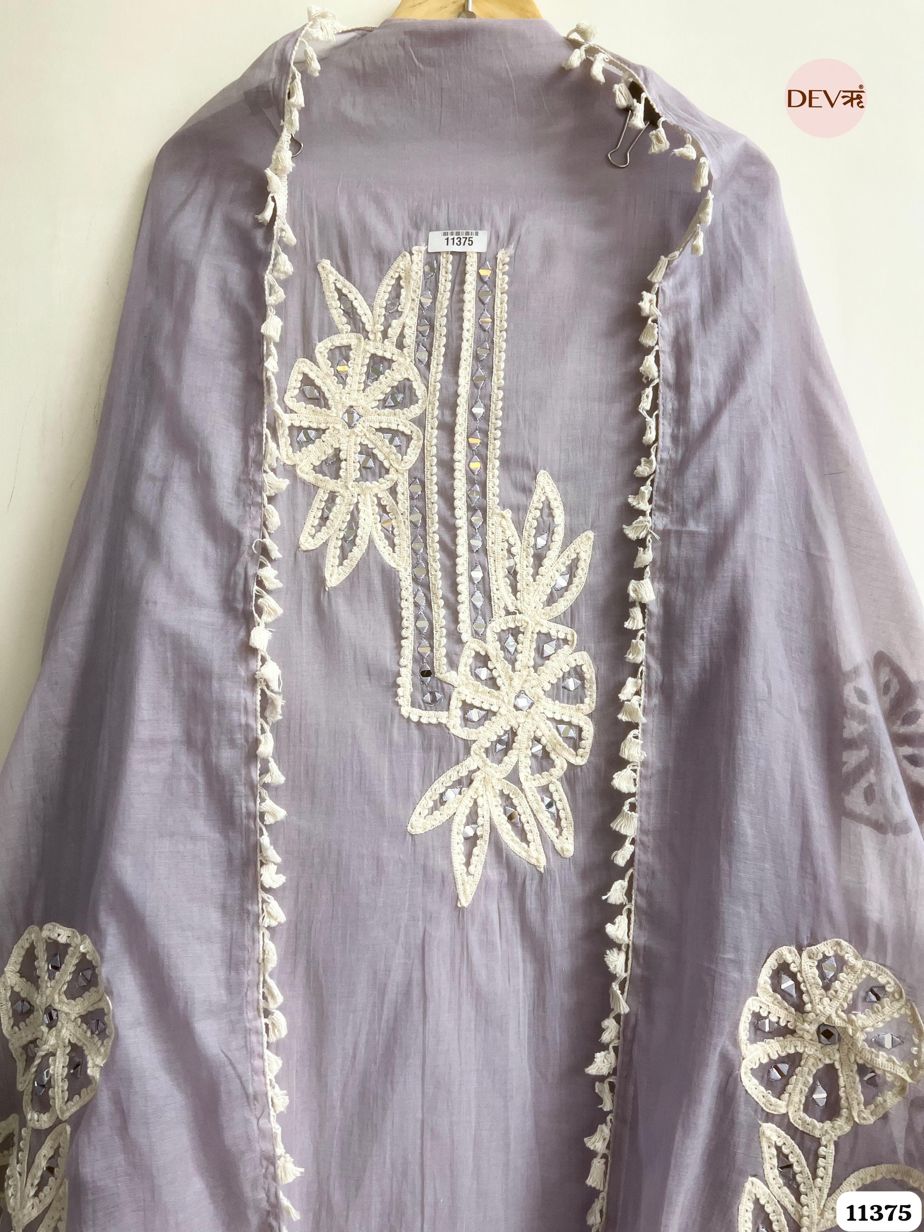 Lavender Mul Chanderi Unstitched Hand Embroidered -Set Of 3 {11375}