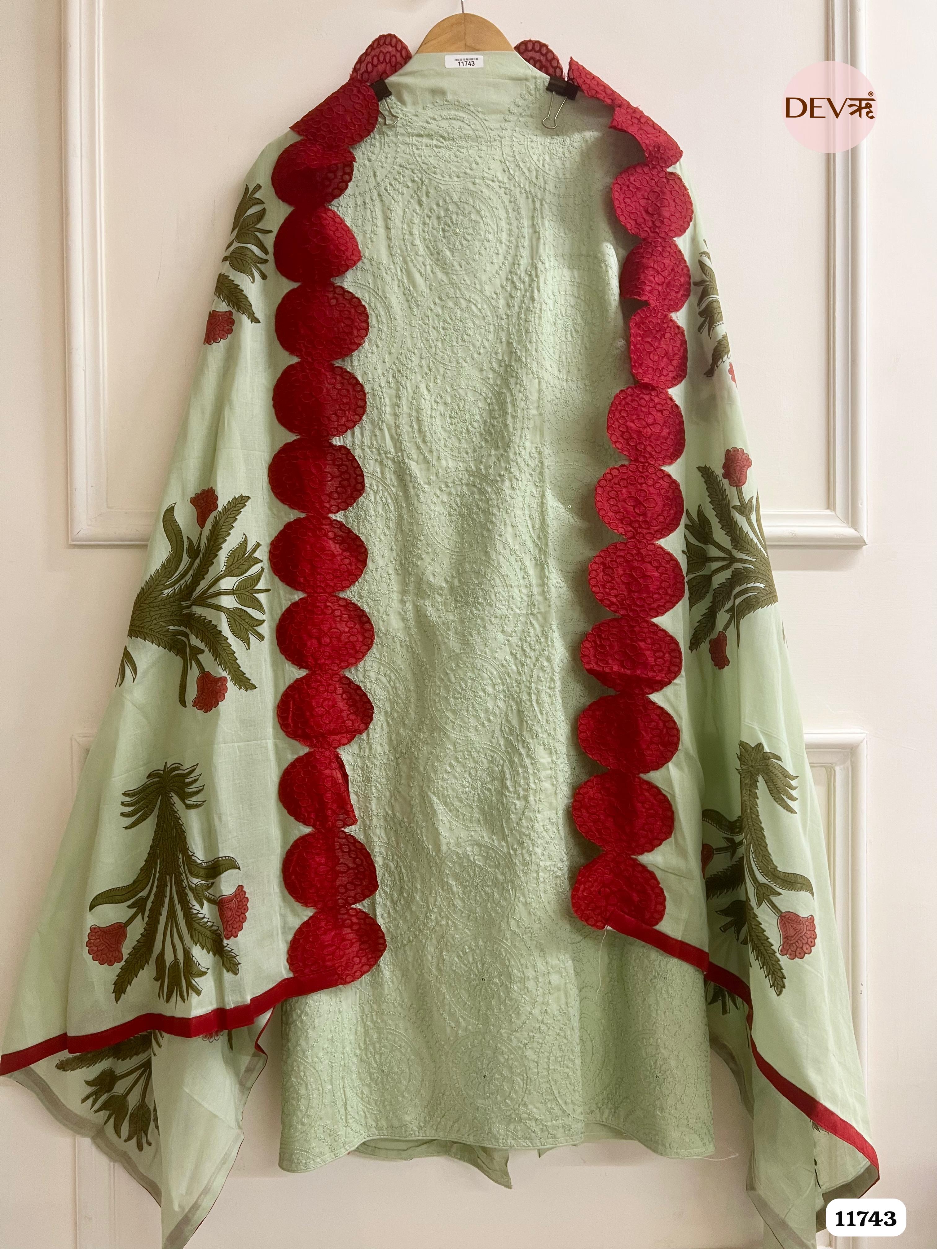 Green Pista Cotton Unstitched Embroidered -Set Of 3 {11743}