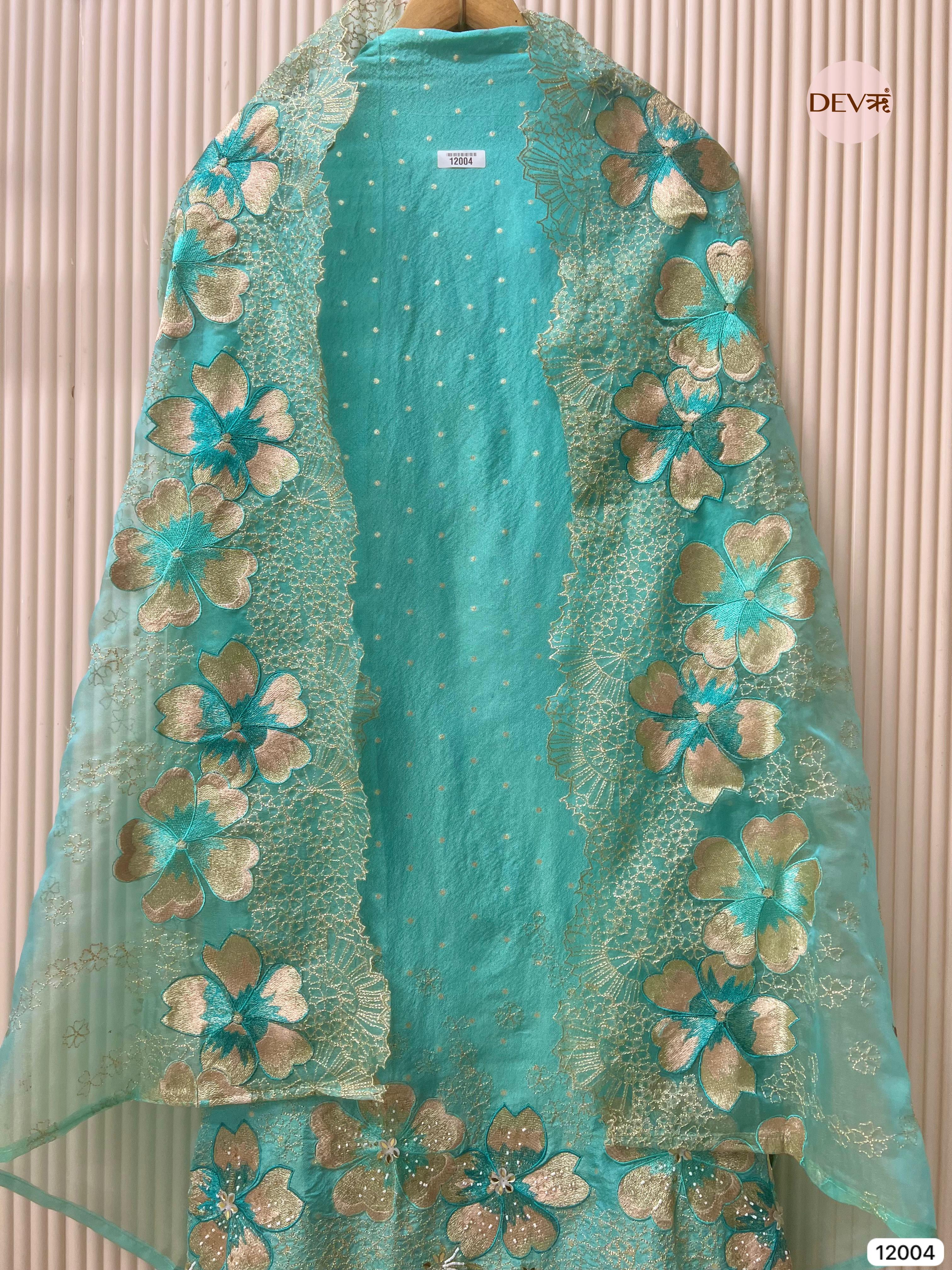 Blue Tissue Shimmer Silk Unstitched Embroidered -Set Of 3 - {12004}