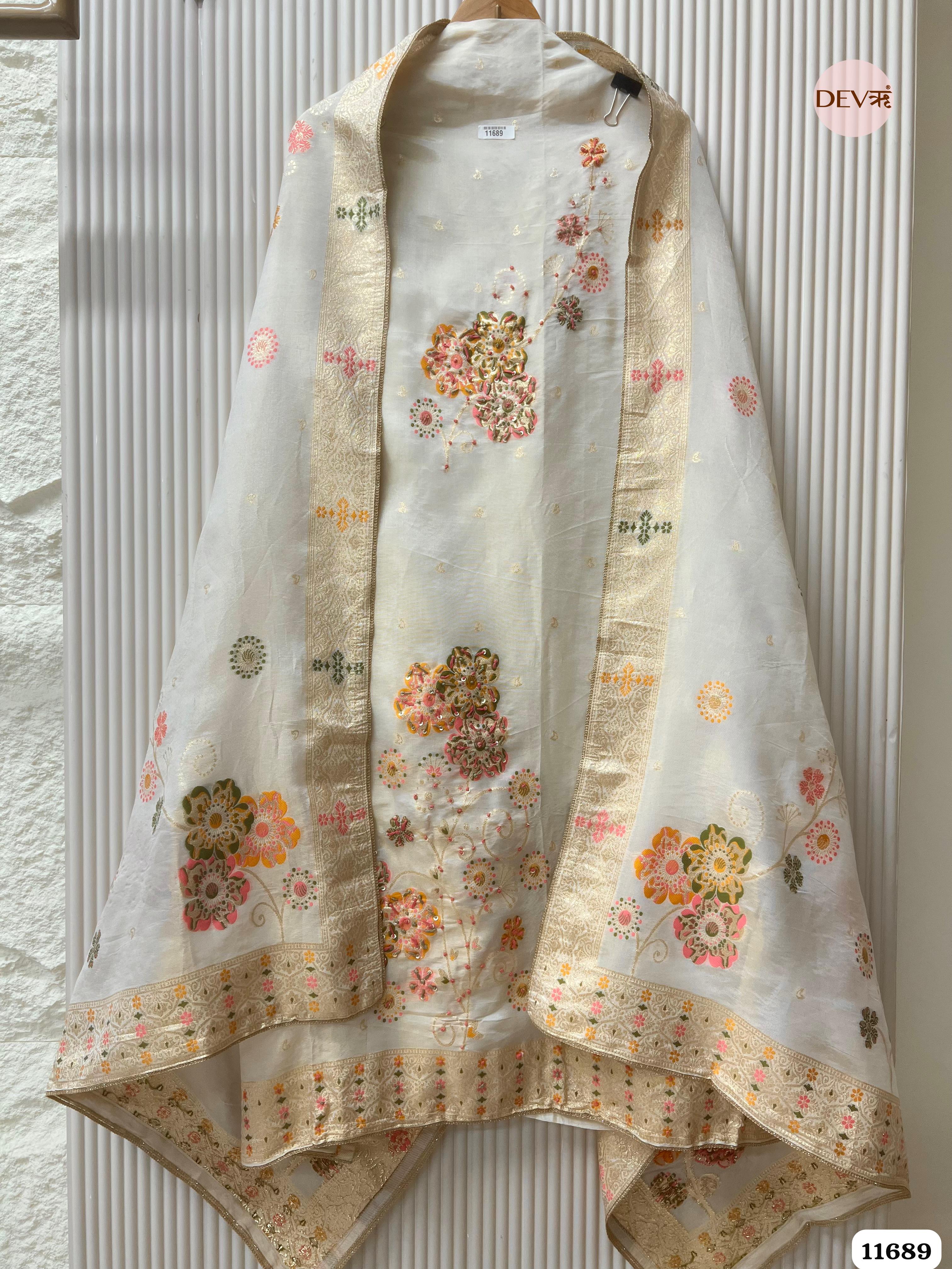Off white Burberry Silk Unstitched Woven Embroidered -Set Of 3 {11689}