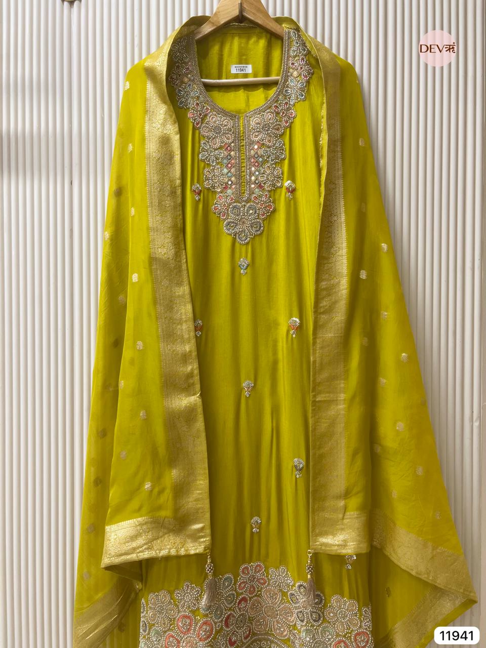 Yellow Pure Russian Silk Unstitched Hand Embroidered -Set Of 3- {11941}