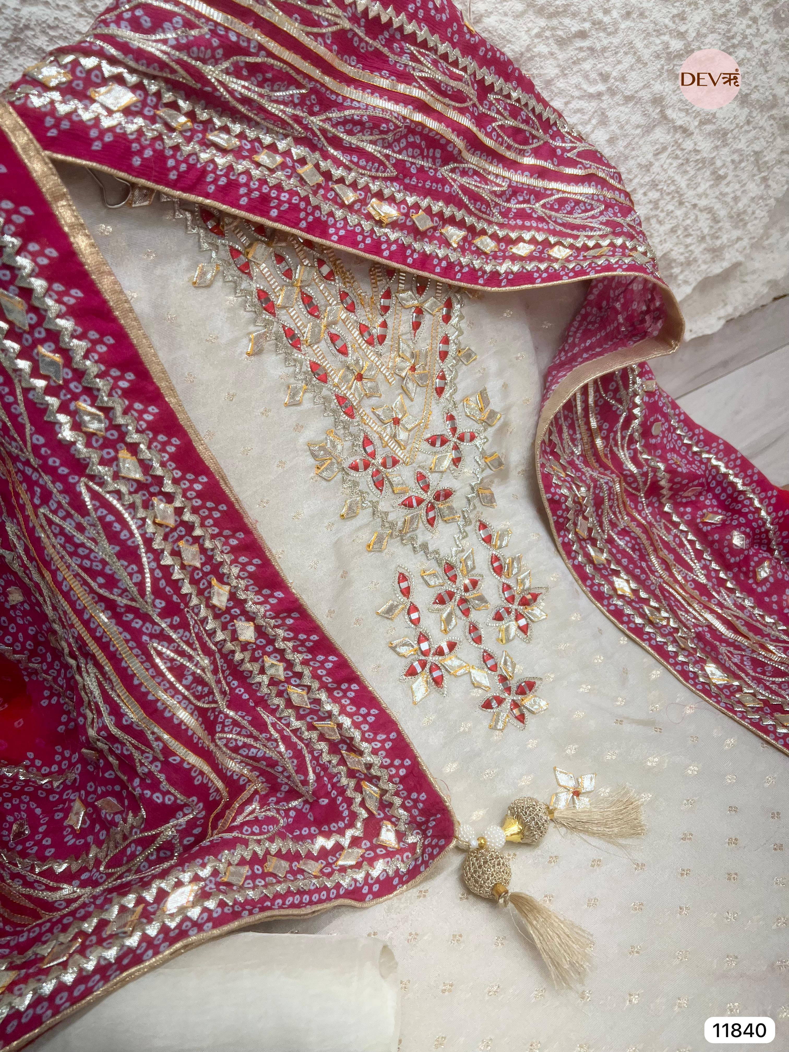 Cream Colour Pure Tissue Crush Silk Unstitched Hand Embroidered -Set Of 3 - {11840}