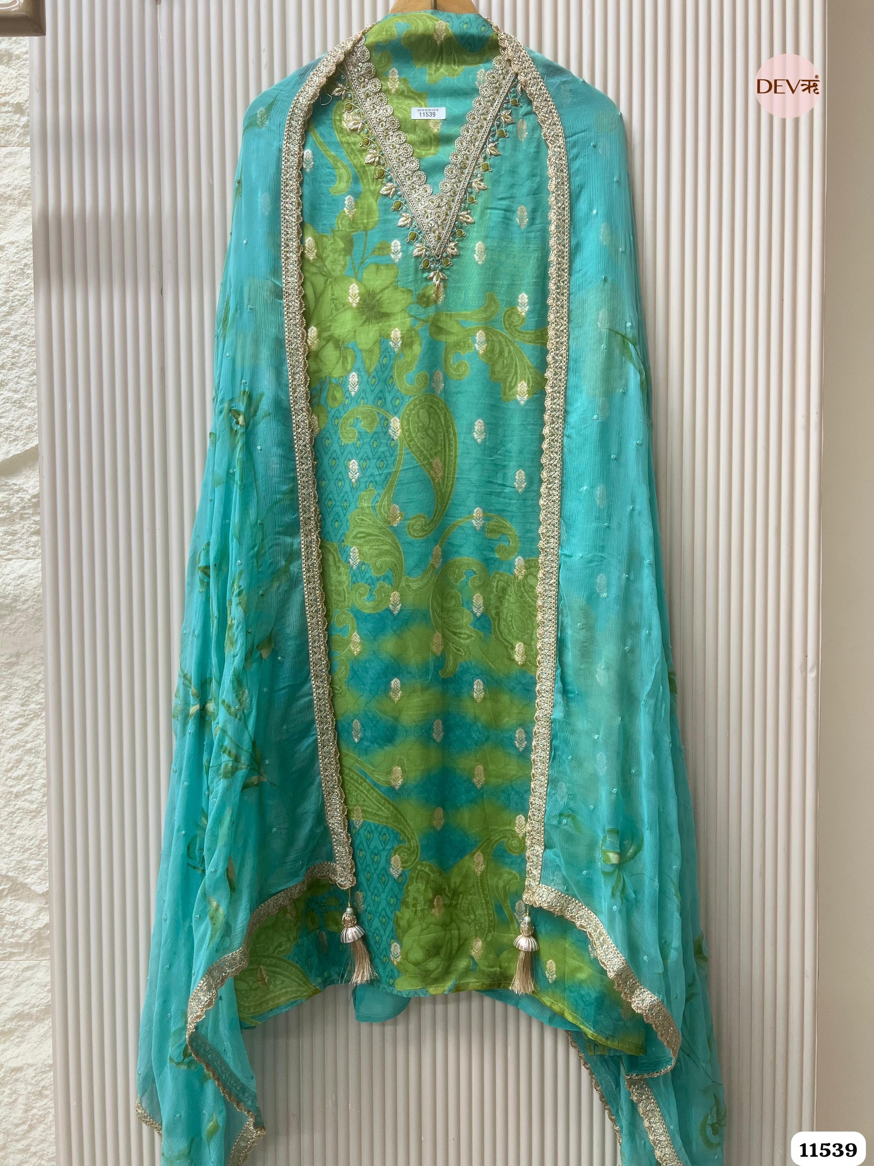 Green Pure Silk Unstitched Printed Hand Embroidered -Set Of 3 {11539}