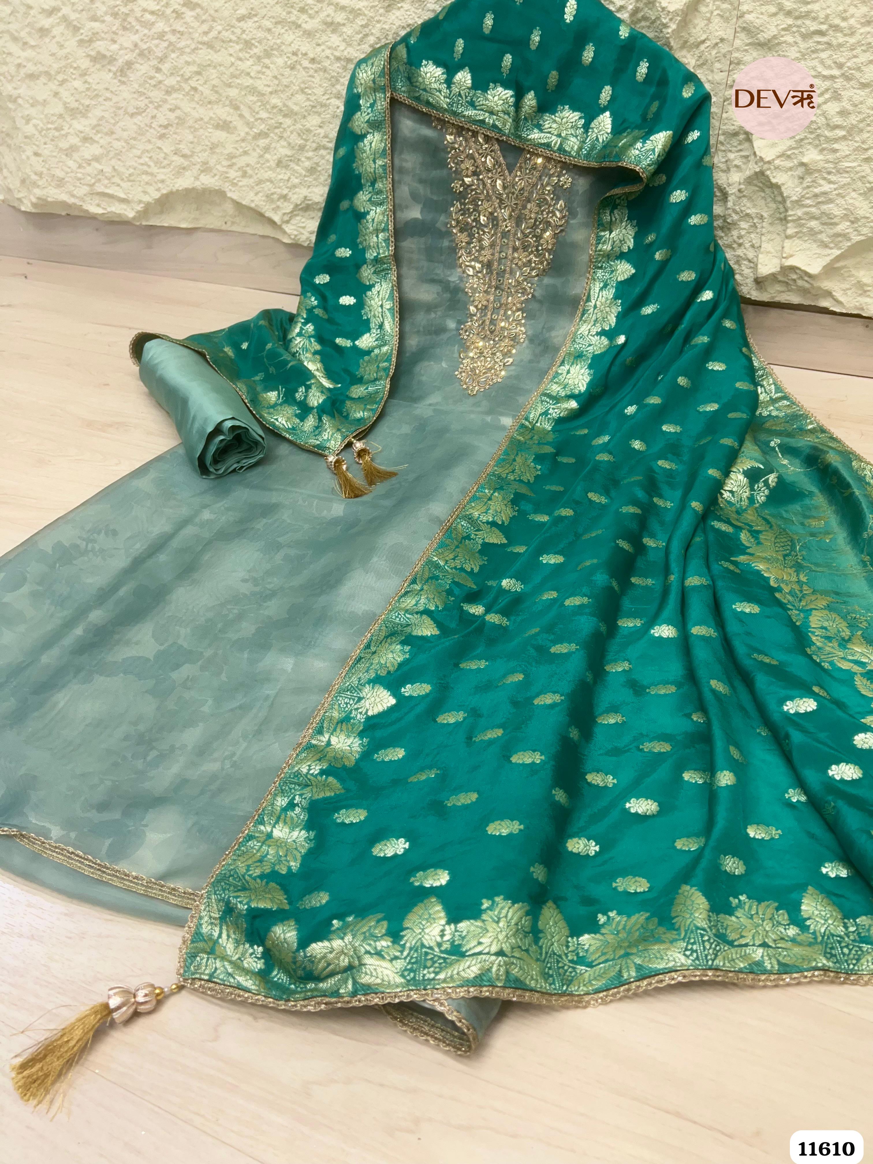 Green Silk Pure Tissue Organza Printed Unstitched Hand Embroidered -Set Of 3 {11610}