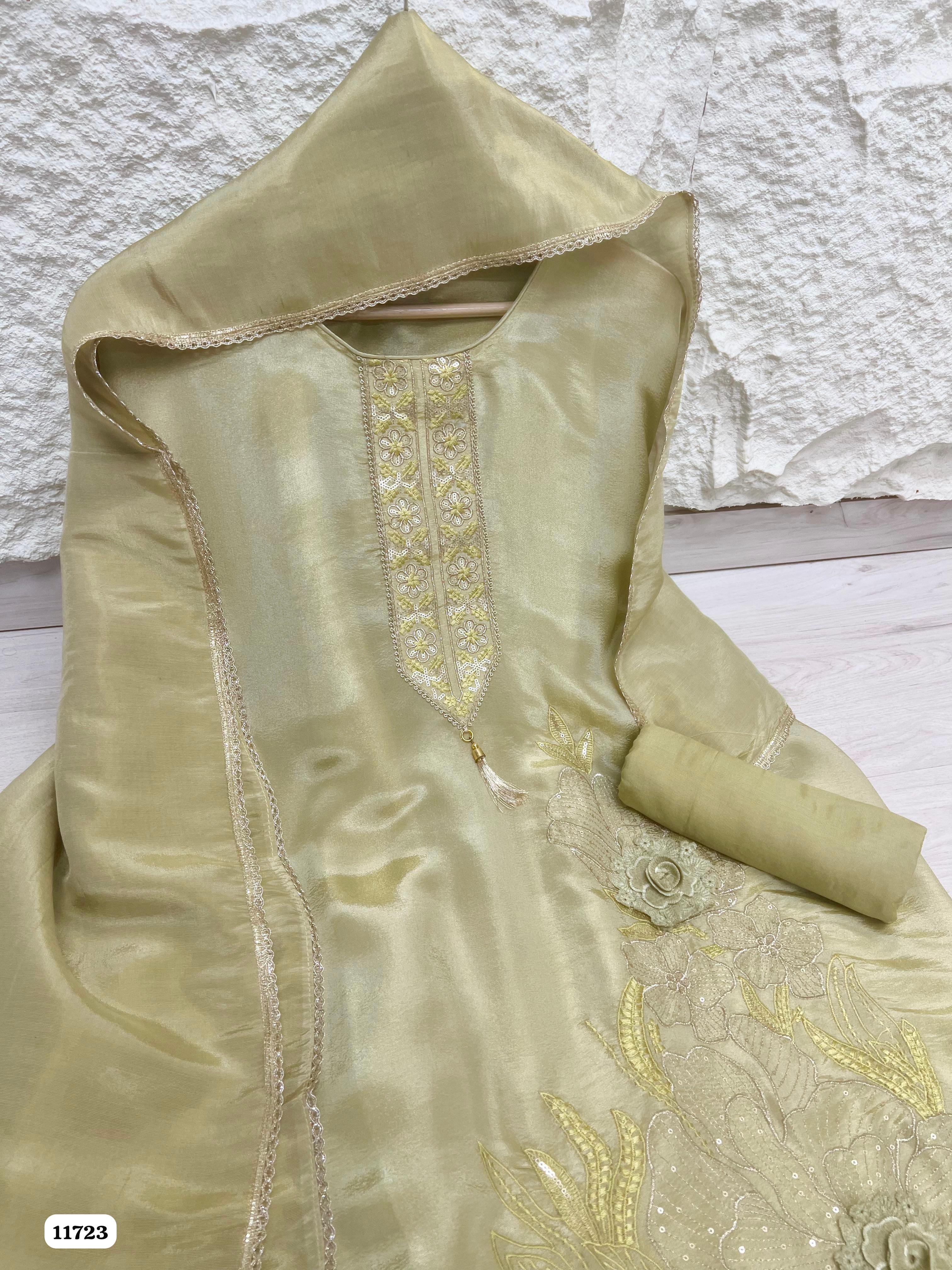 Green Tissue Silk Unstitched Embroidered -Set Of 3 {11723}