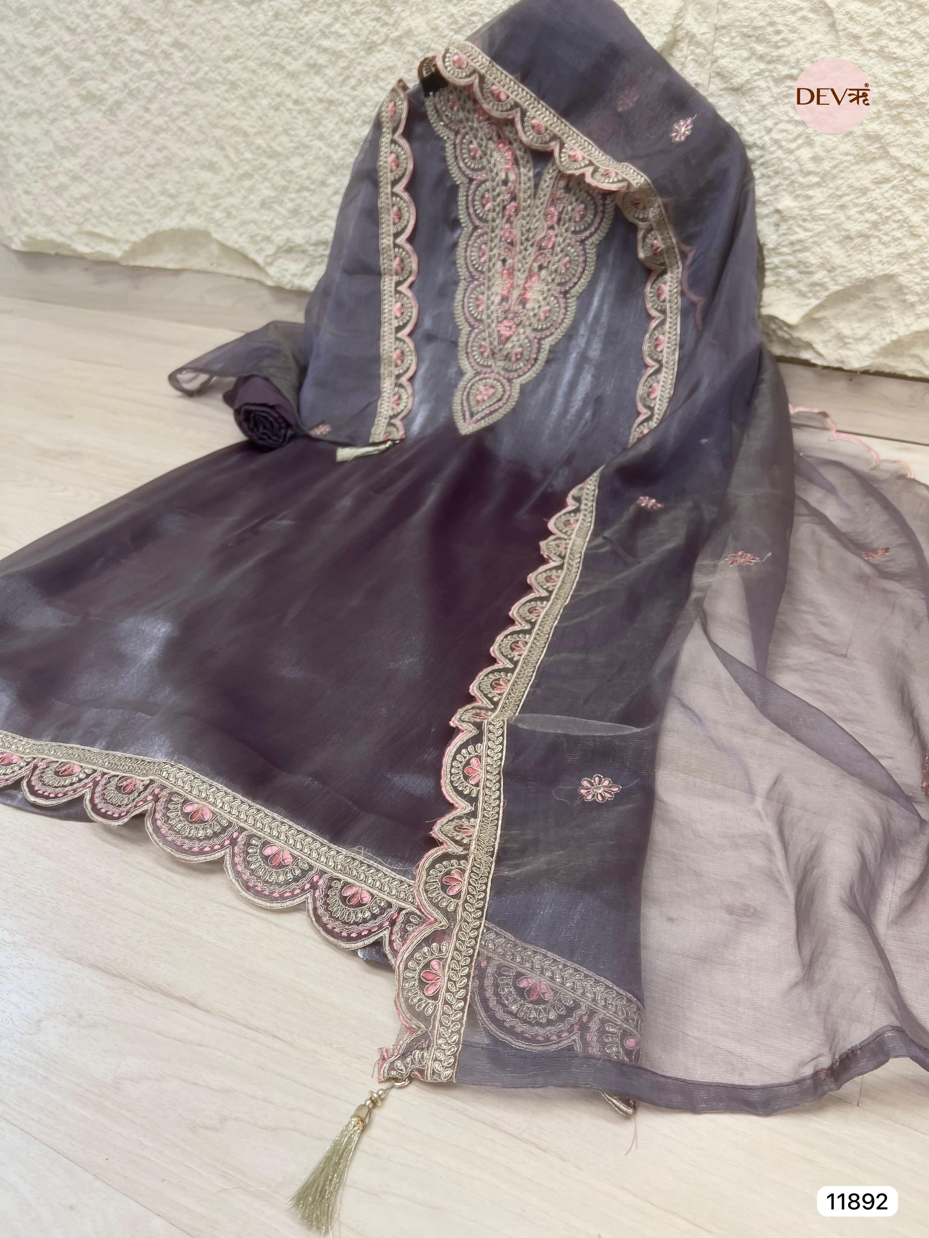 Purple Tissue Shimmer Silk Unstitched Printed Embroidered -Set Of 3 - {11892}