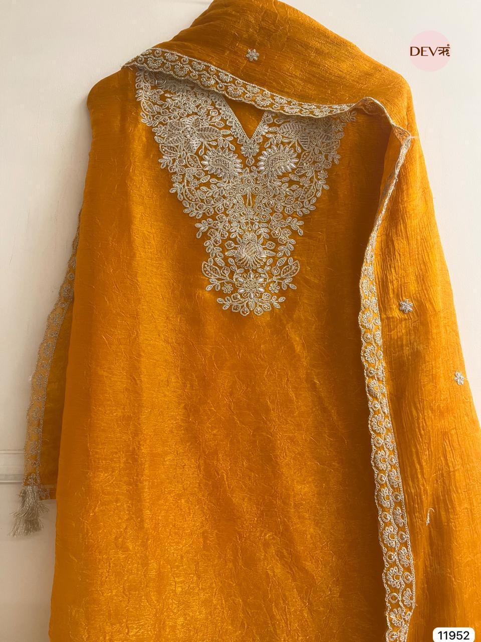Mustard Crush Tissue Embroidered Unstitched 3-Piece Suit (Devri – D.No 11952)