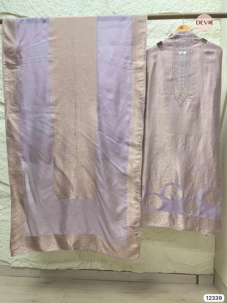 Lavender Mauve Pure Banarasi Silk Embroidered Unstitched 3-Piece Suit (Devri – D.No 12339)