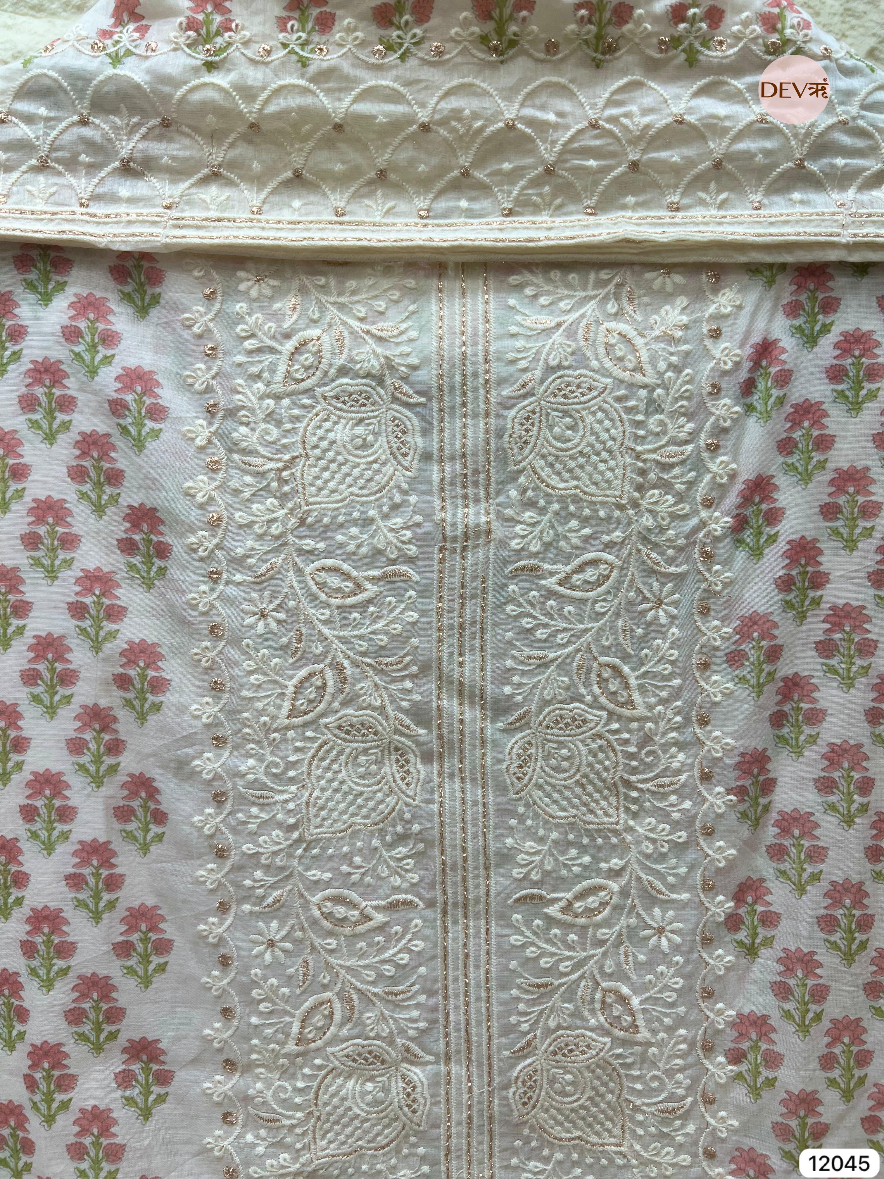 Off White Mul Chanderi Unstitched Block Printed Lucknawi Embroidered -Set Of 3 - {12045}