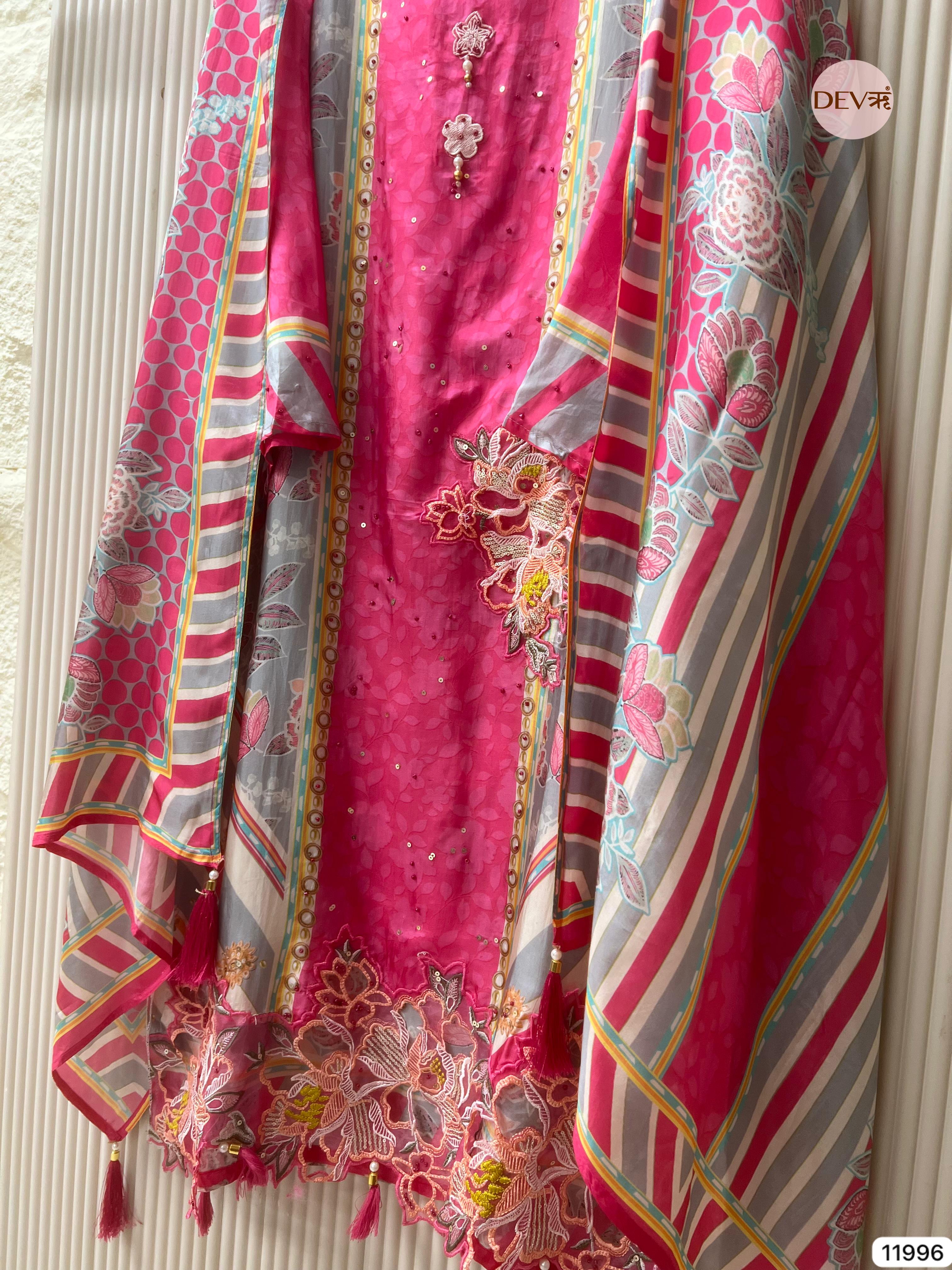 {11996}Pink Pure Organza Silk Semi stitched Printed Embroidered -Set Of 3