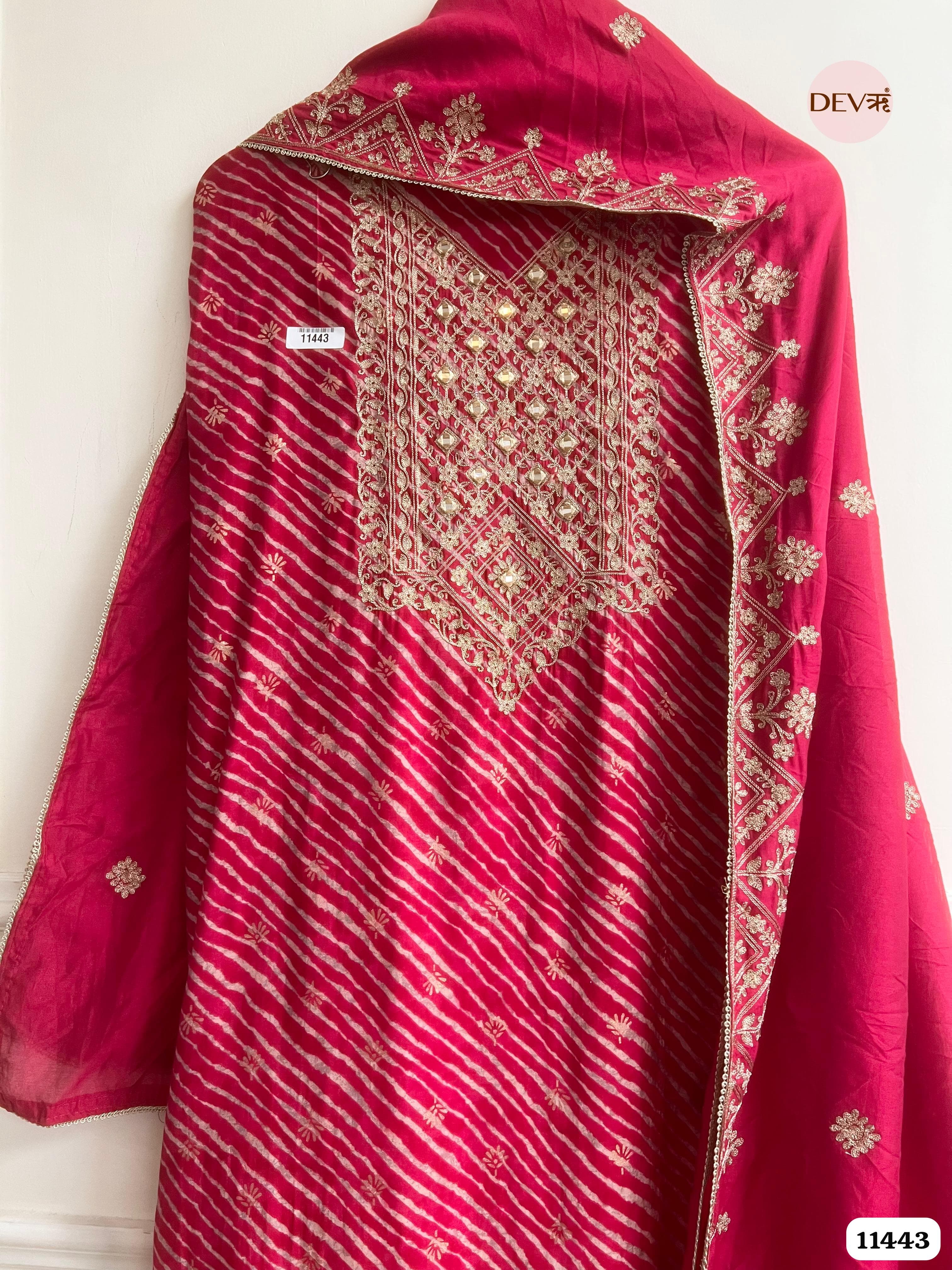 Rani Pink Modal Silk Unstitched Printed Embroidered -Set Of 3 {11443}