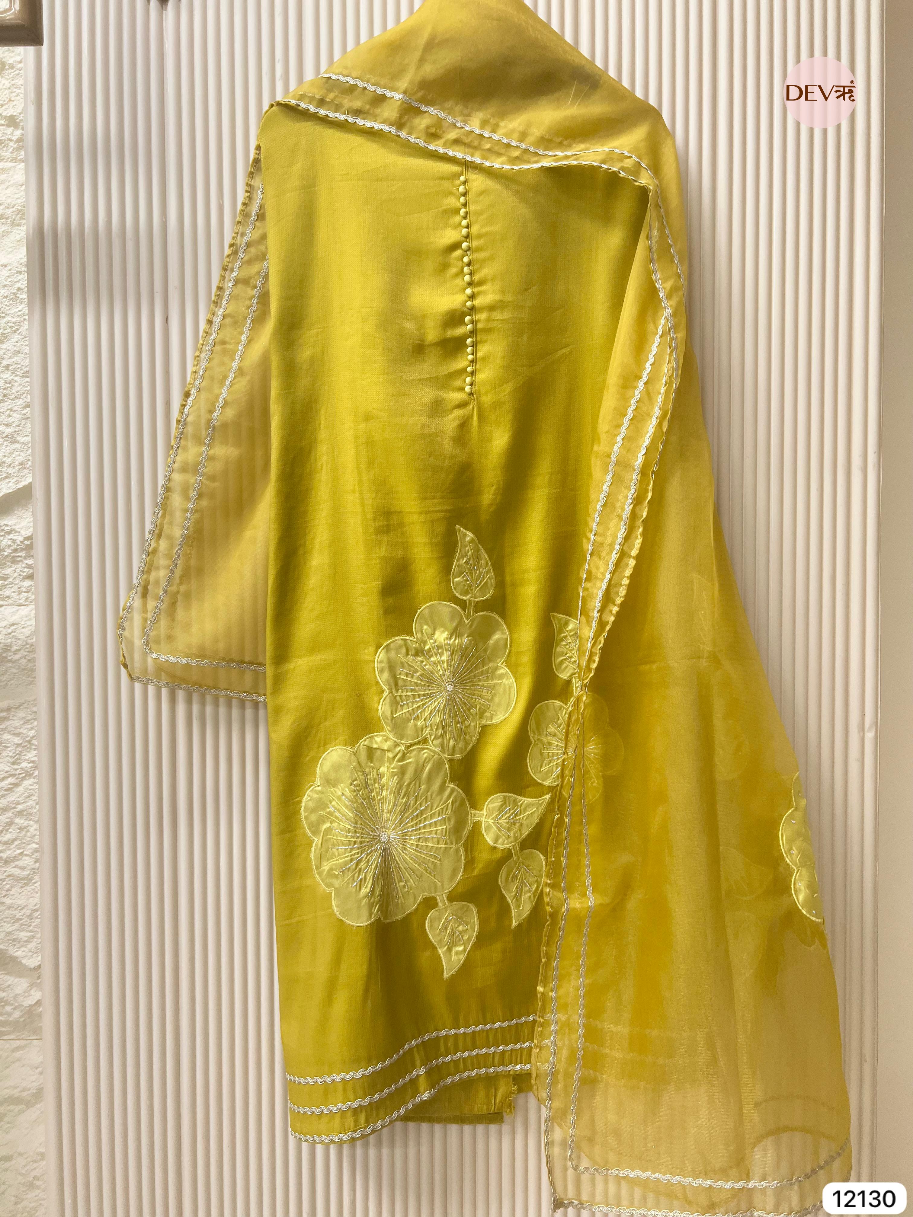 Yellow Shimmer Silk Unstitched Applique Embroidered -Set Of 3 - {12130}