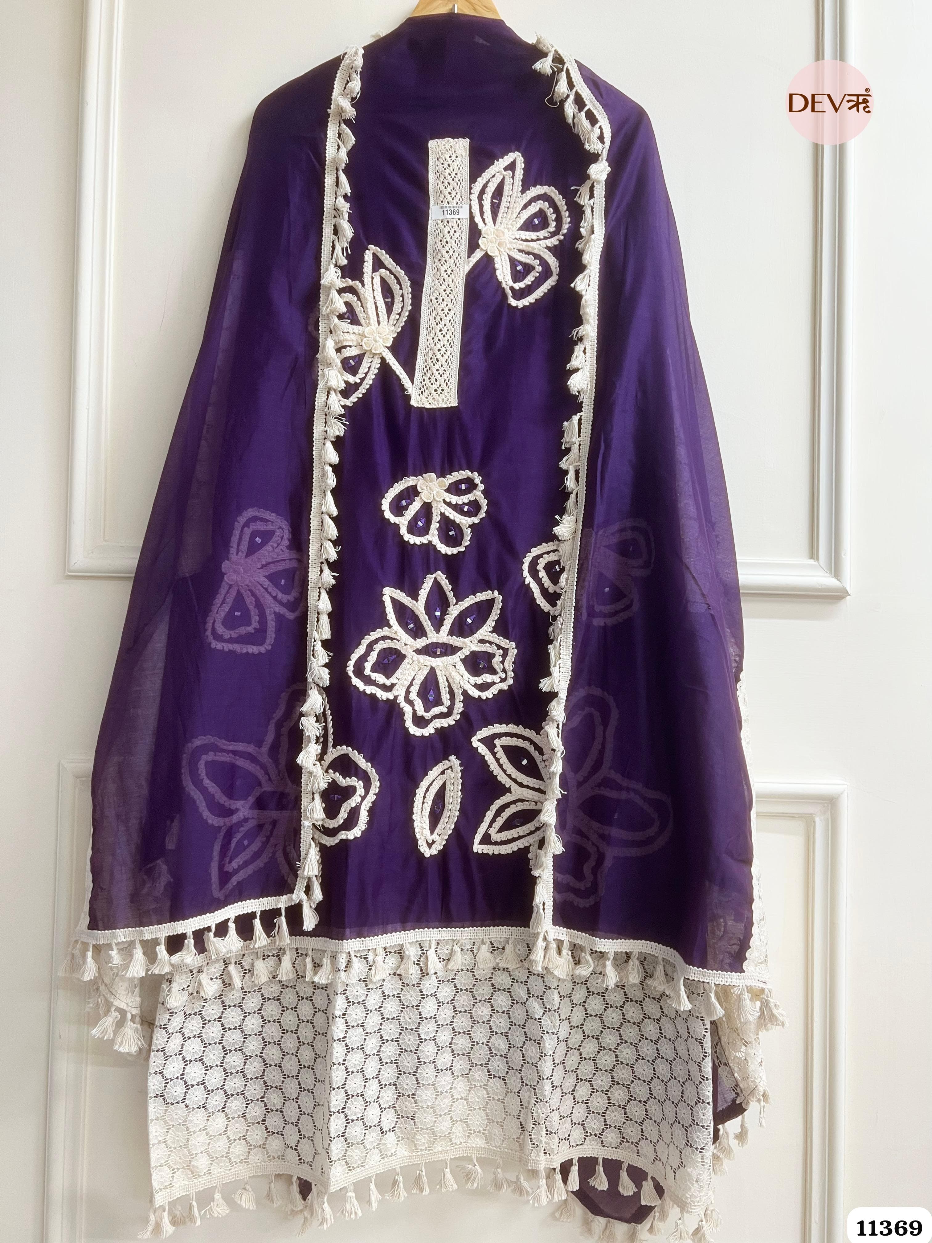 Purple Mul Chanderi Unstitched Hand Embroidered -Set Of 3 {11369}