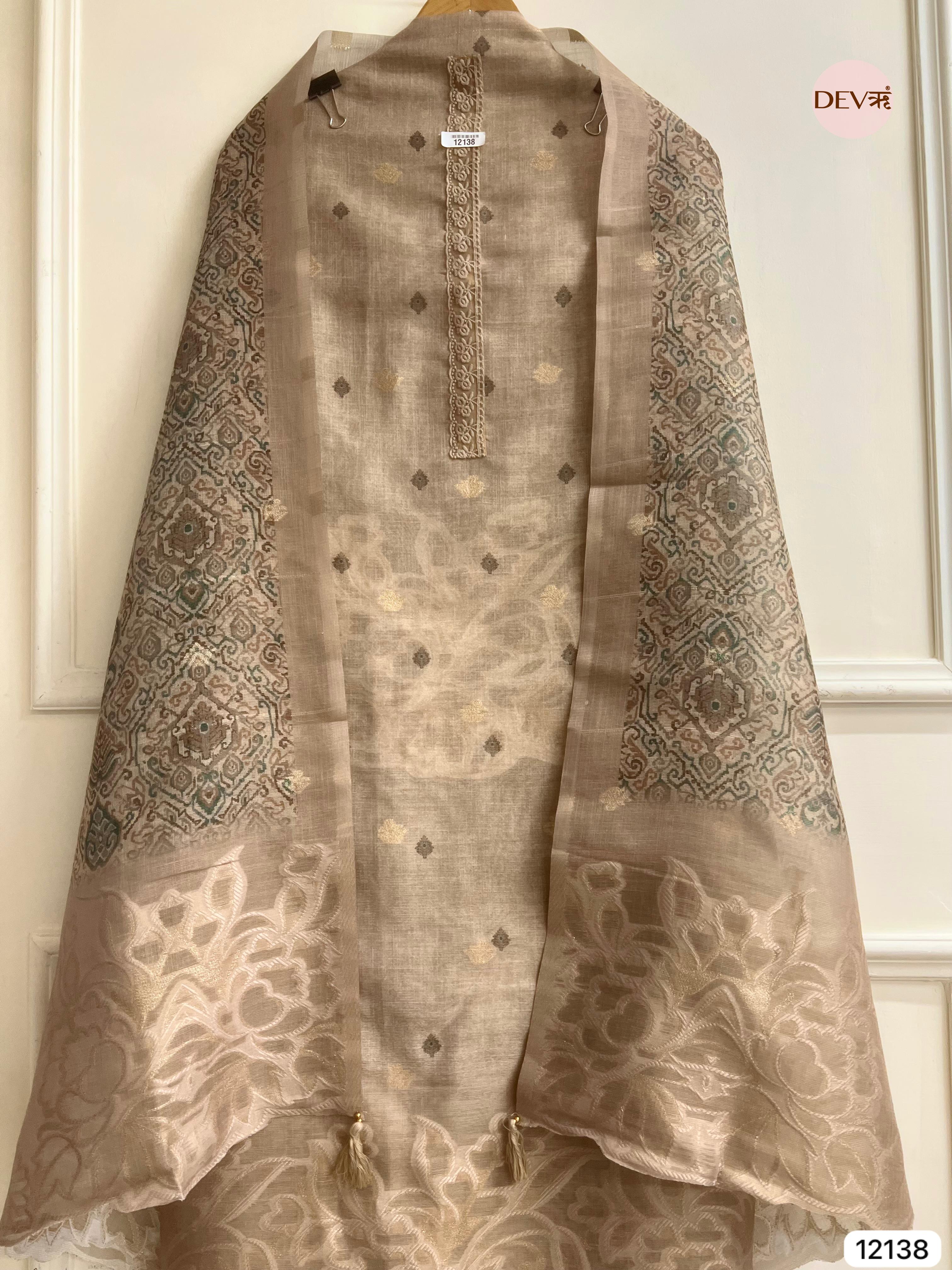 Beige Pure Jamdhani Silk Unstitched Woven Embroidered -Set Of 3 - {12138}