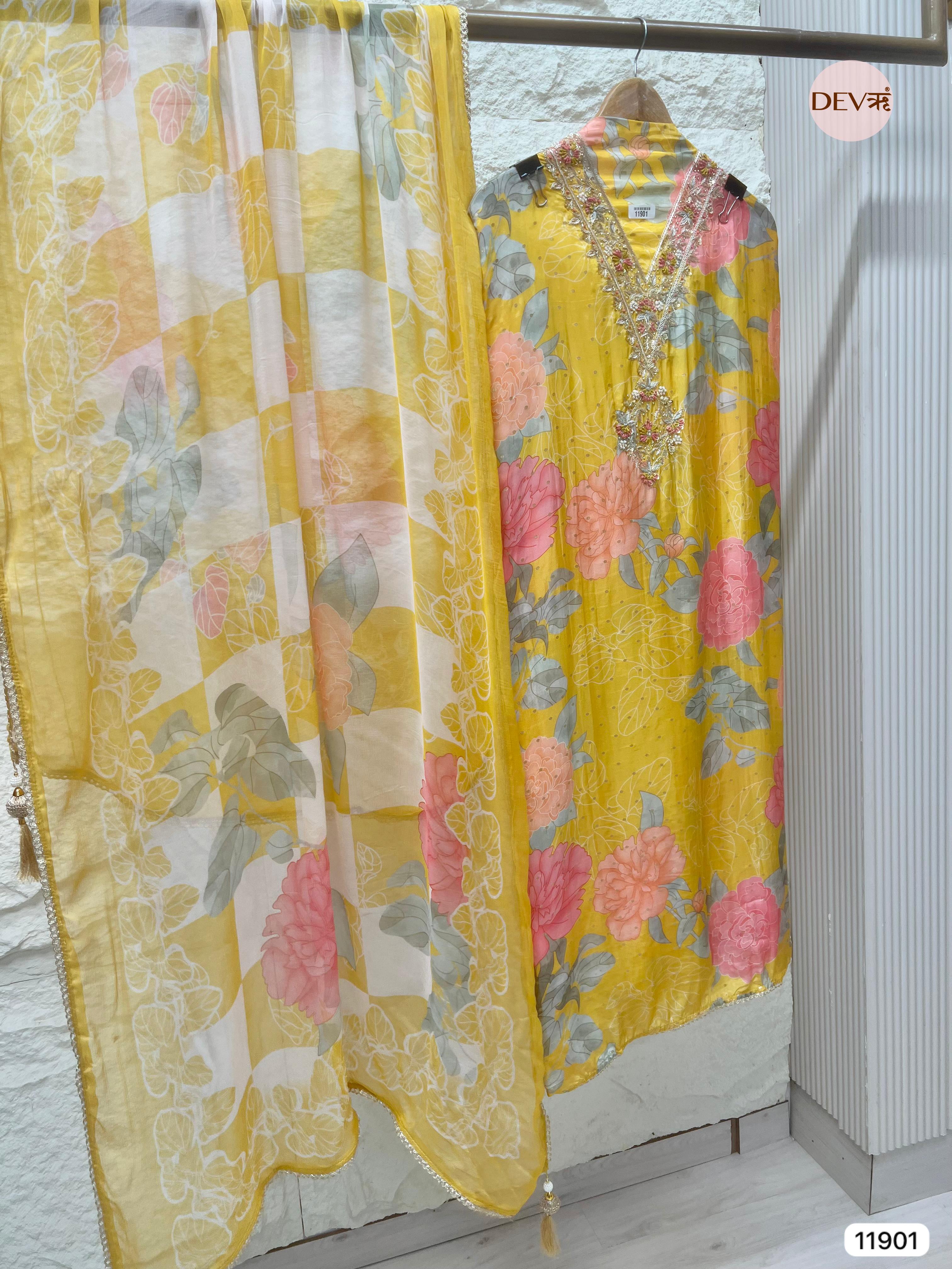 Yellow Pure Shimmer Tissue Silk Unstitched Printed Hand Embroidered -Set Of 3- {11901}