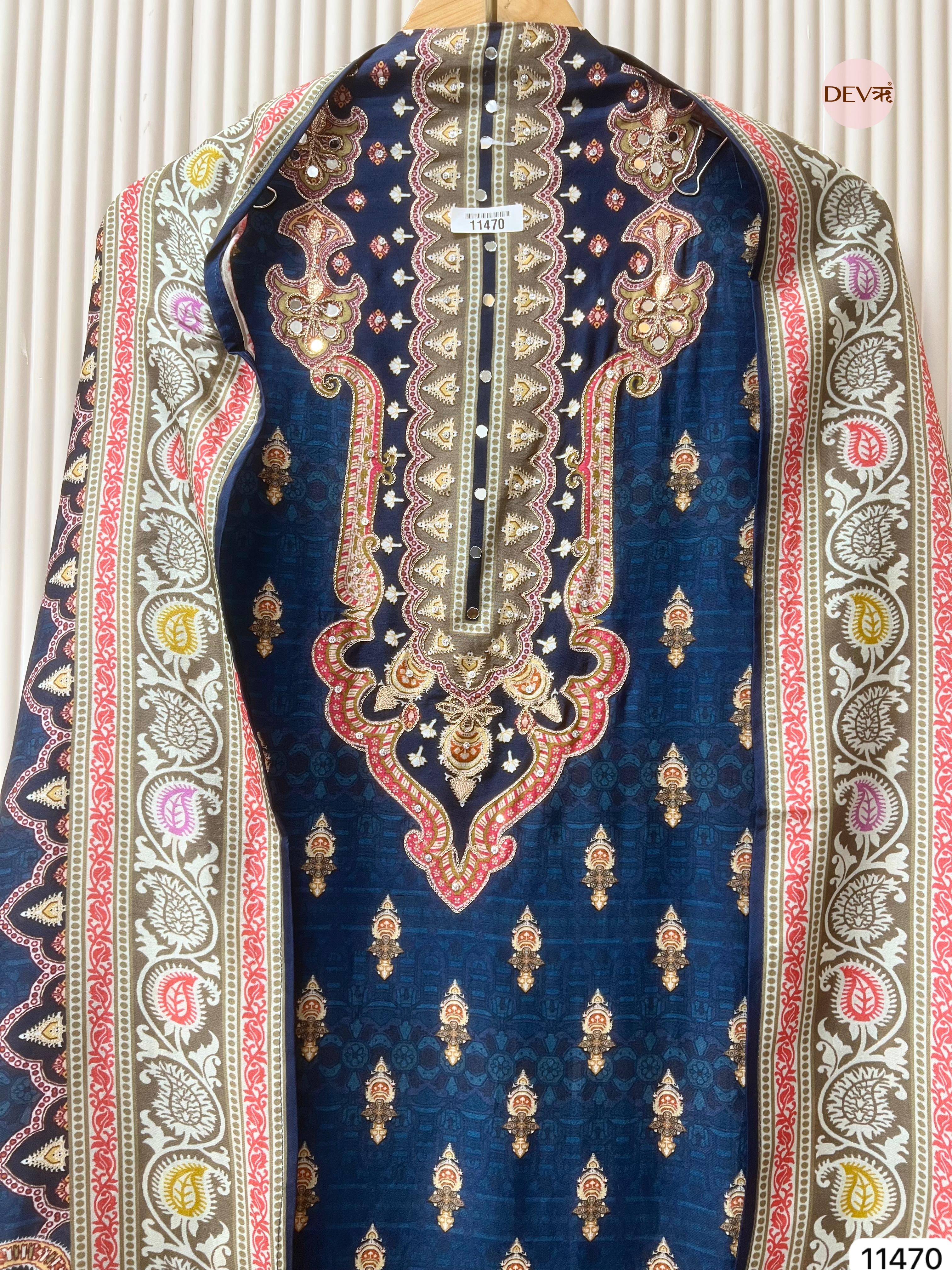 Deep Navy Russian Silk Printed Unstitched 3-Piece Suit (Devri – D.No 11470)