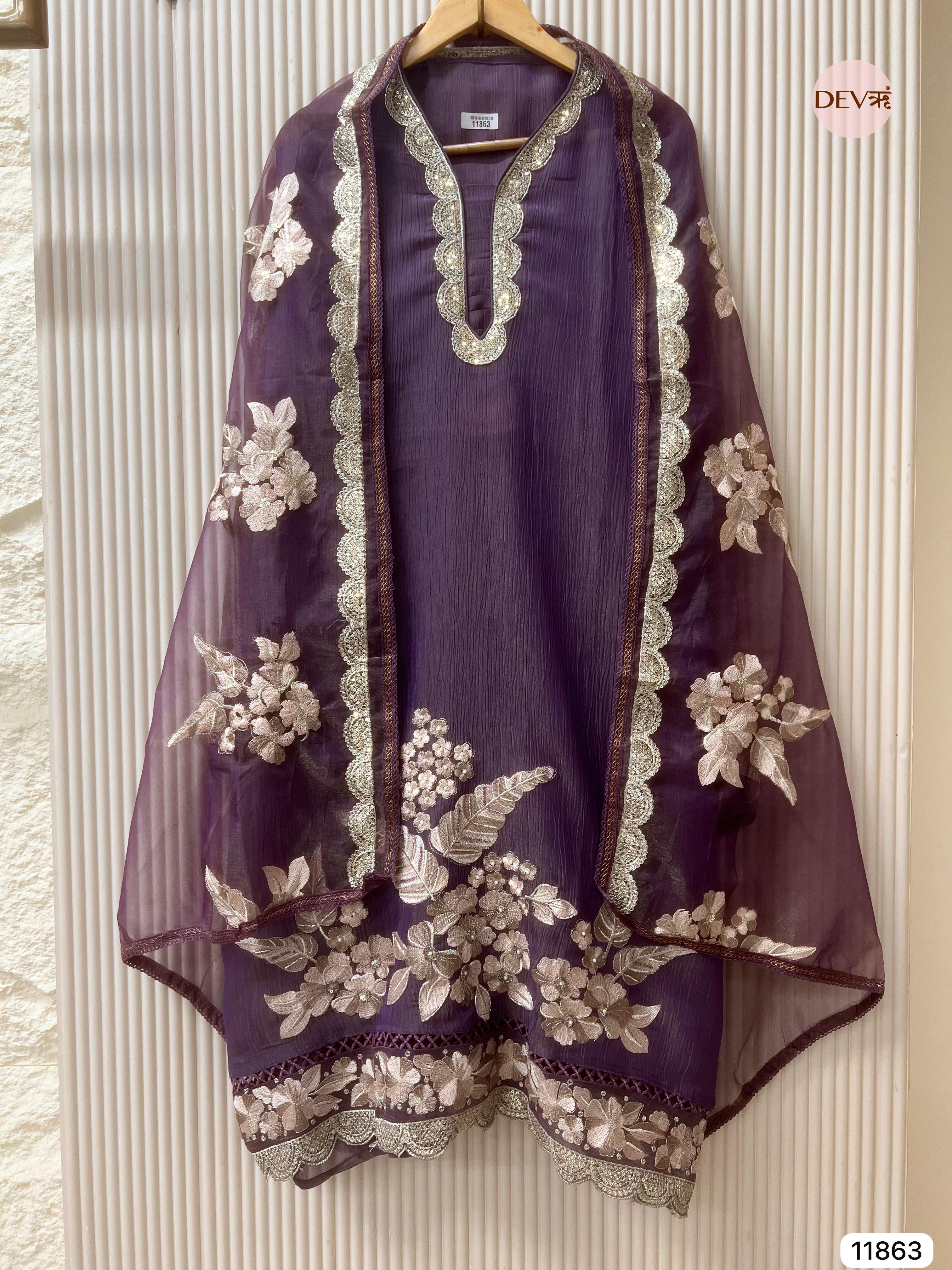 Purple Tissue crush silk unstitched embroidered -Set Of 3- {11863}