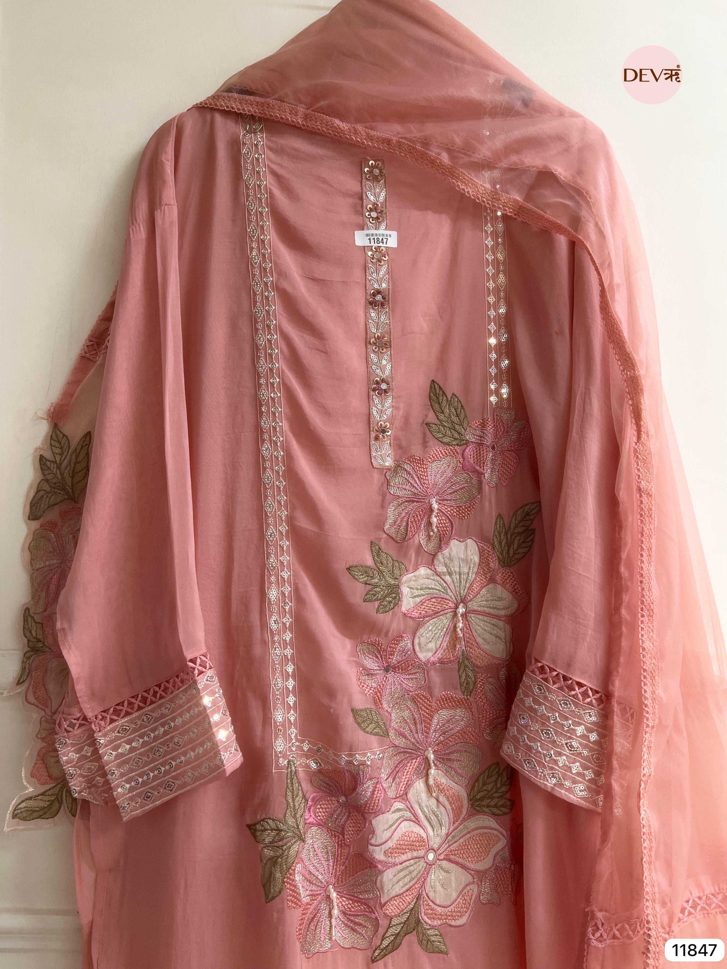 Light Pink Organza Semi Stitched Embroidered -Set Of 3- {11847}