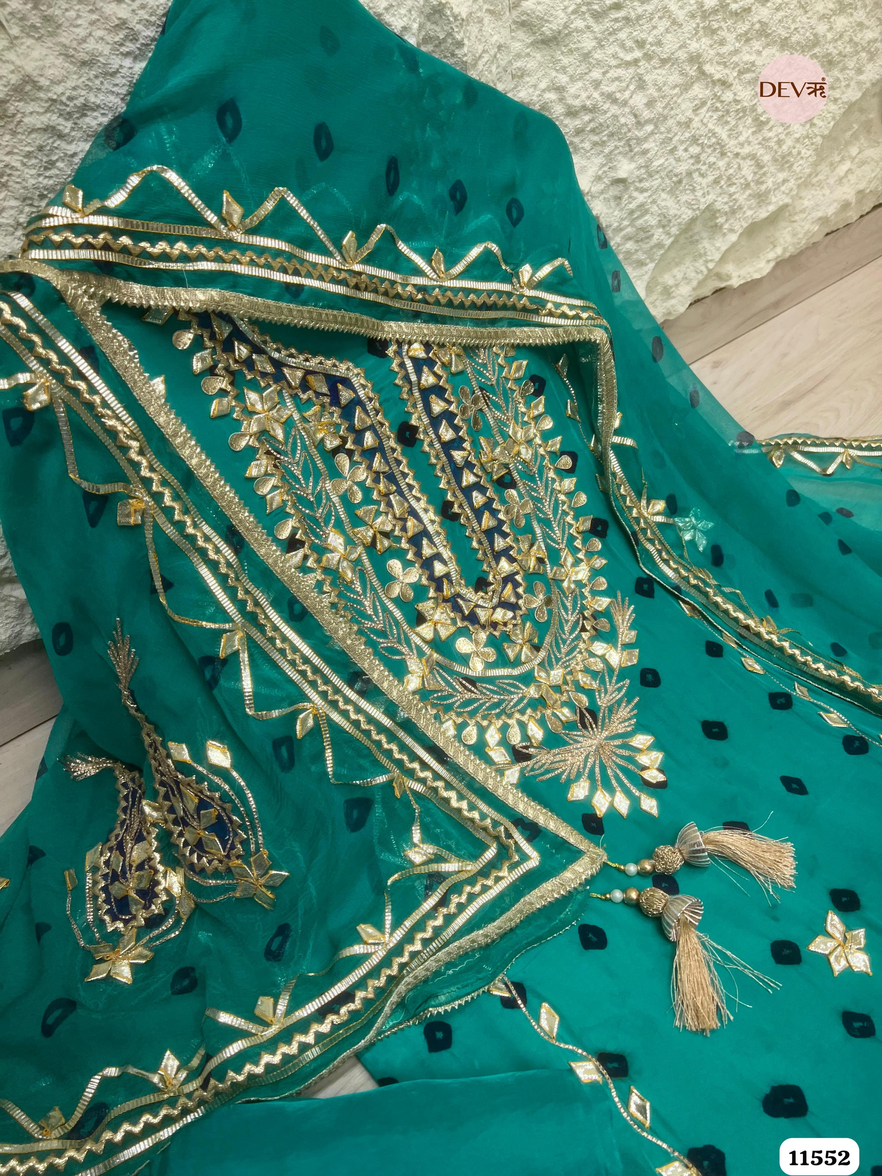 Green Pure Organza Silk Unstitched Printed Hand Gota Embroidered -Set Of 3 {11552}