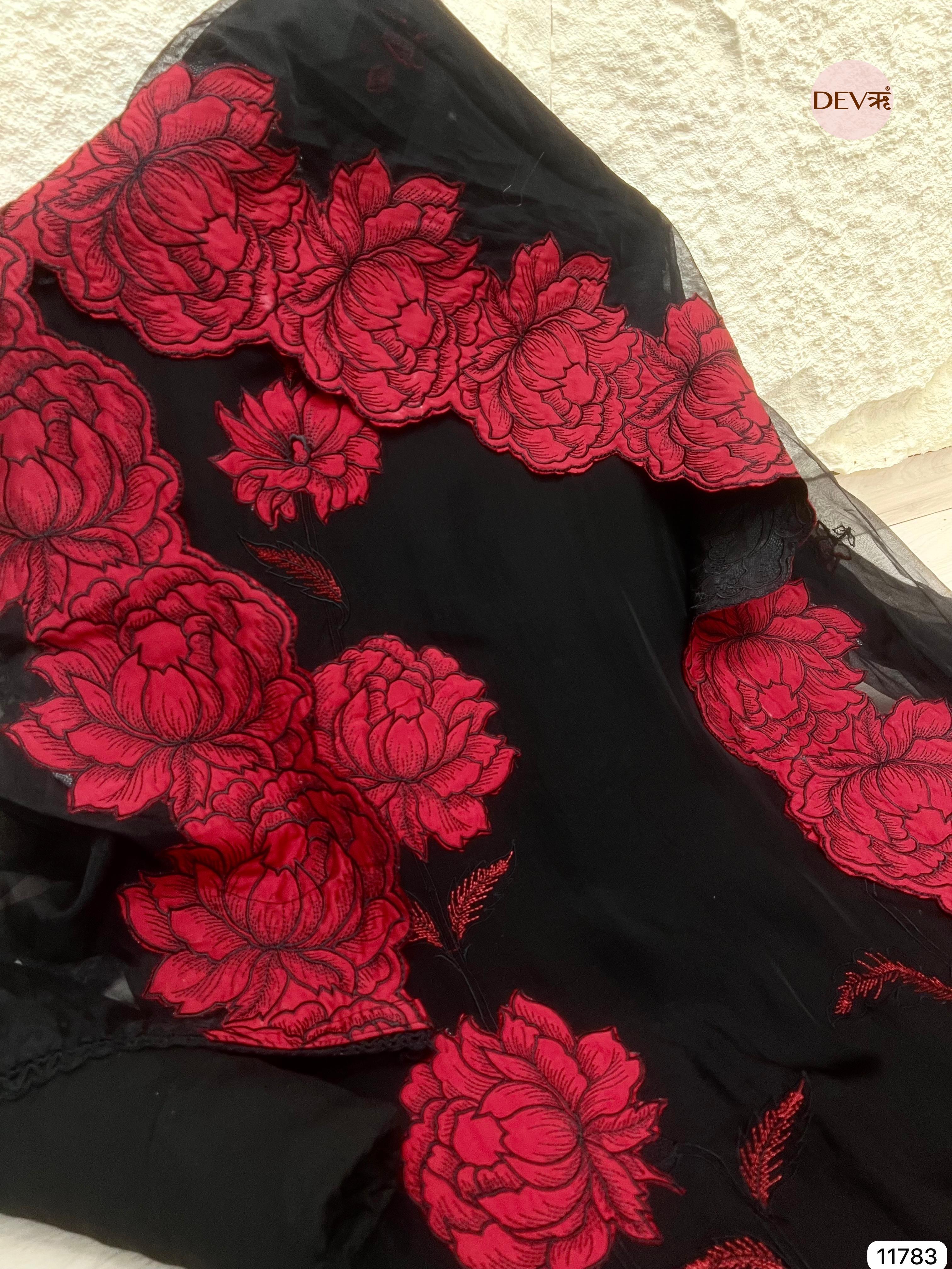 Black Organza Unstitched Embroidered -Set Of 3- {11783}