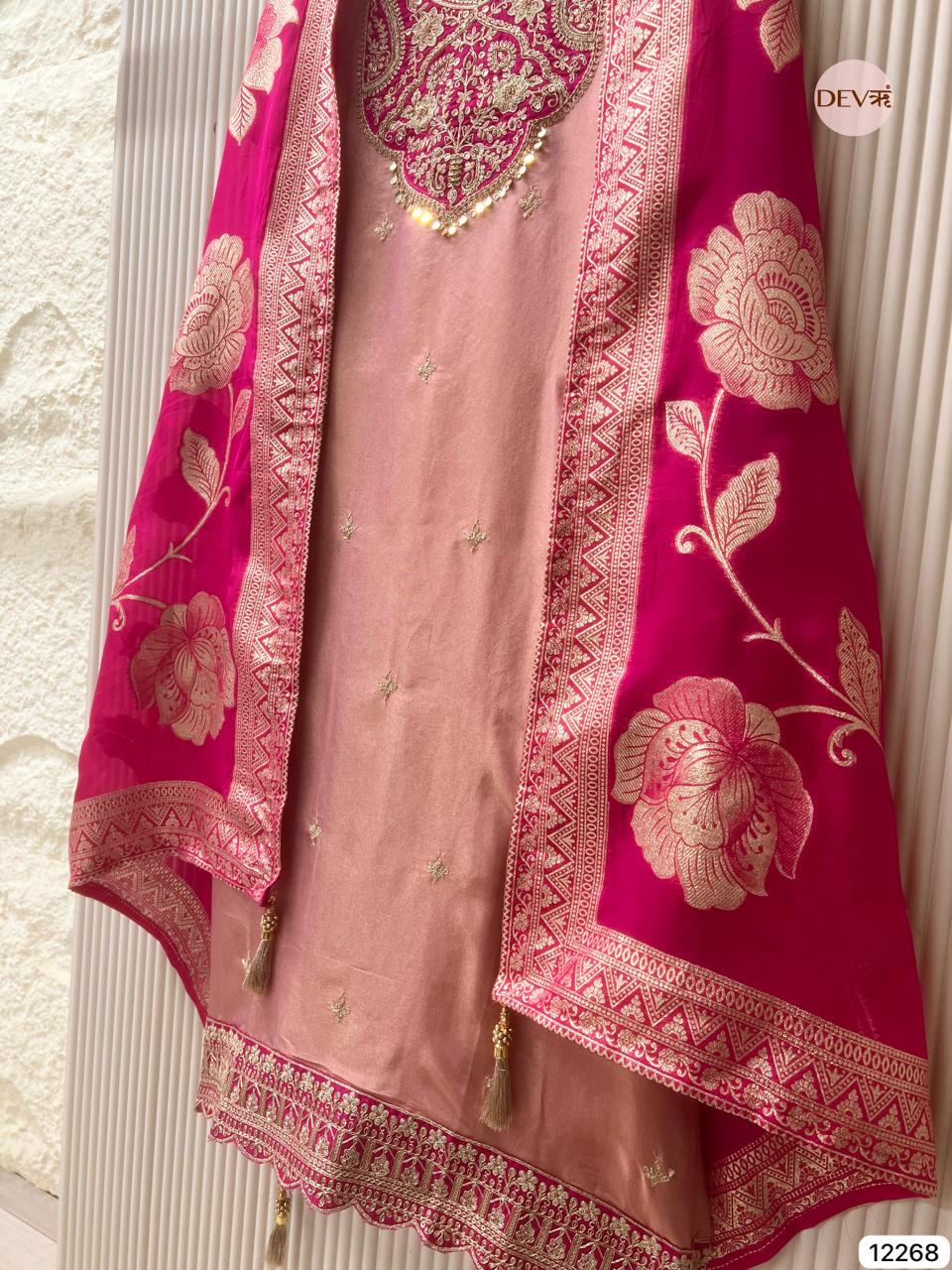 Rose–Rani Tissue Shimmer Silk Embroidered Unstitched 3-Piece Suit (Devri – D.No 12268)