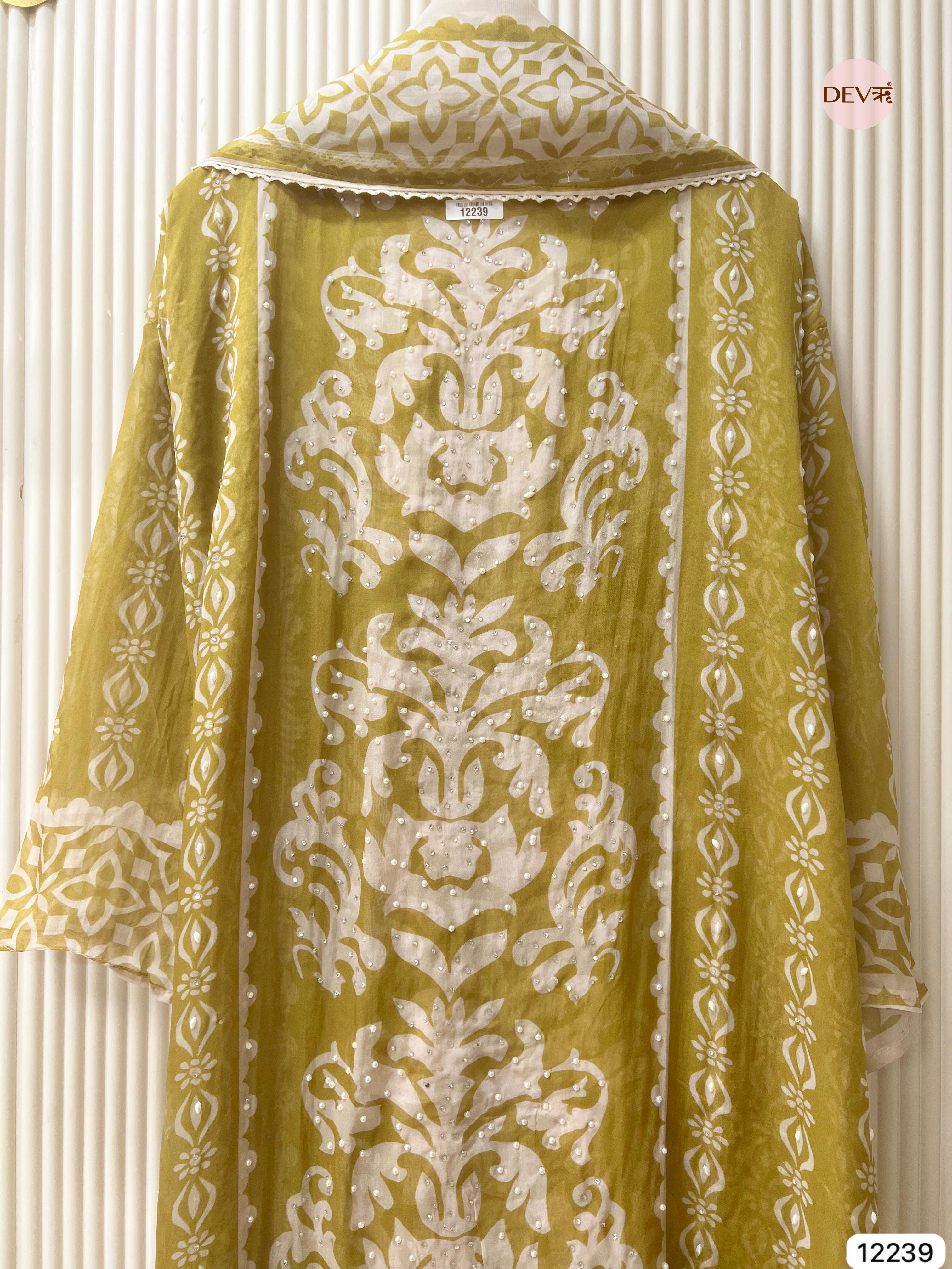 Olive Organza Printed Unstitched 3-Piece Suit (Devri – D.No 12239)