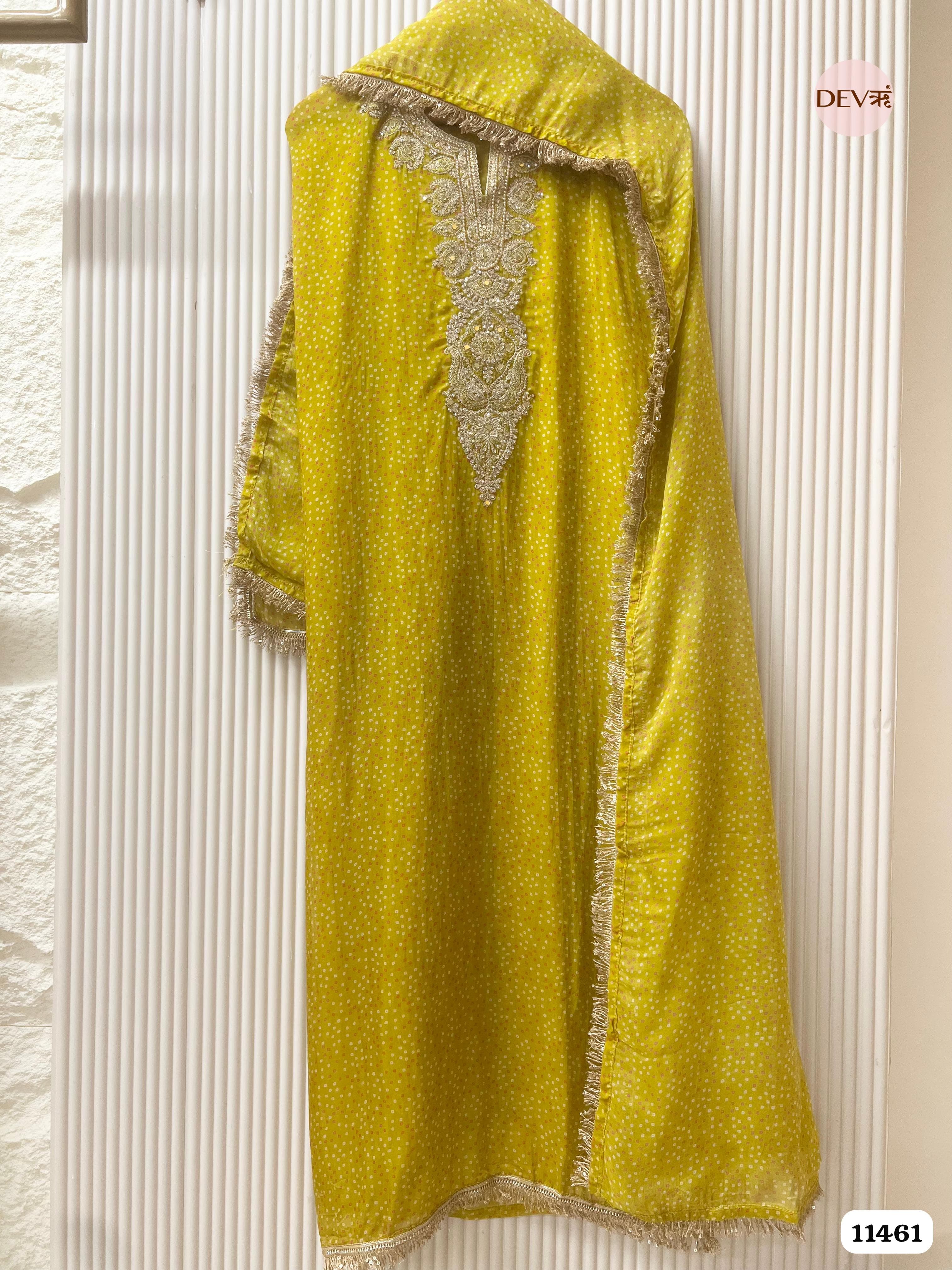 Yellow Pure Organza Printed Hand Embroidered -Set Of 3 {11461}