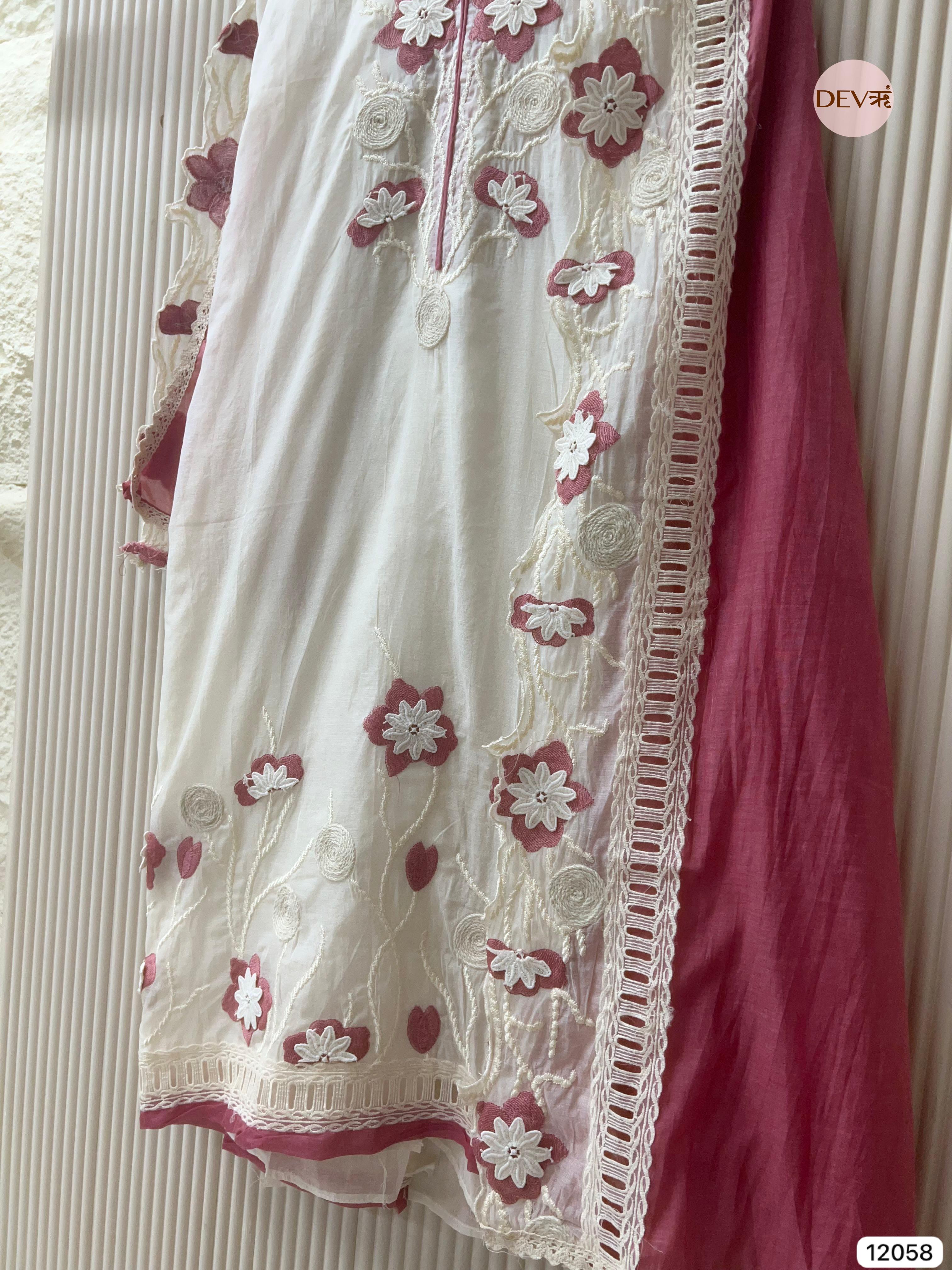 White Mul Chanderi Unstitched With Hand Embroidered -Set Of 3 - {12058}