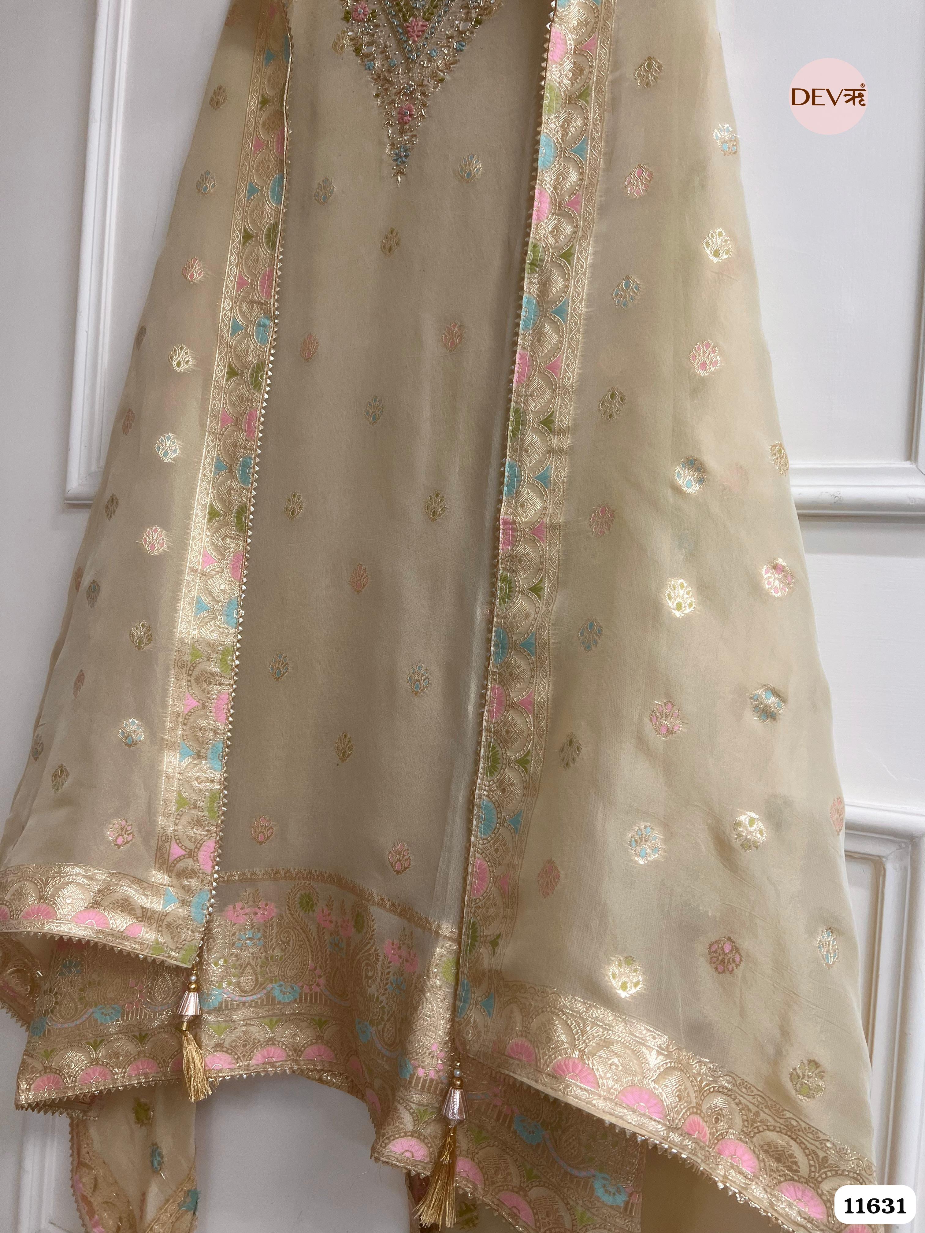 Beige Pure Organza Silk Unstitched Hand Embroidered Banarasi Weave -Set Of 3 {11631}