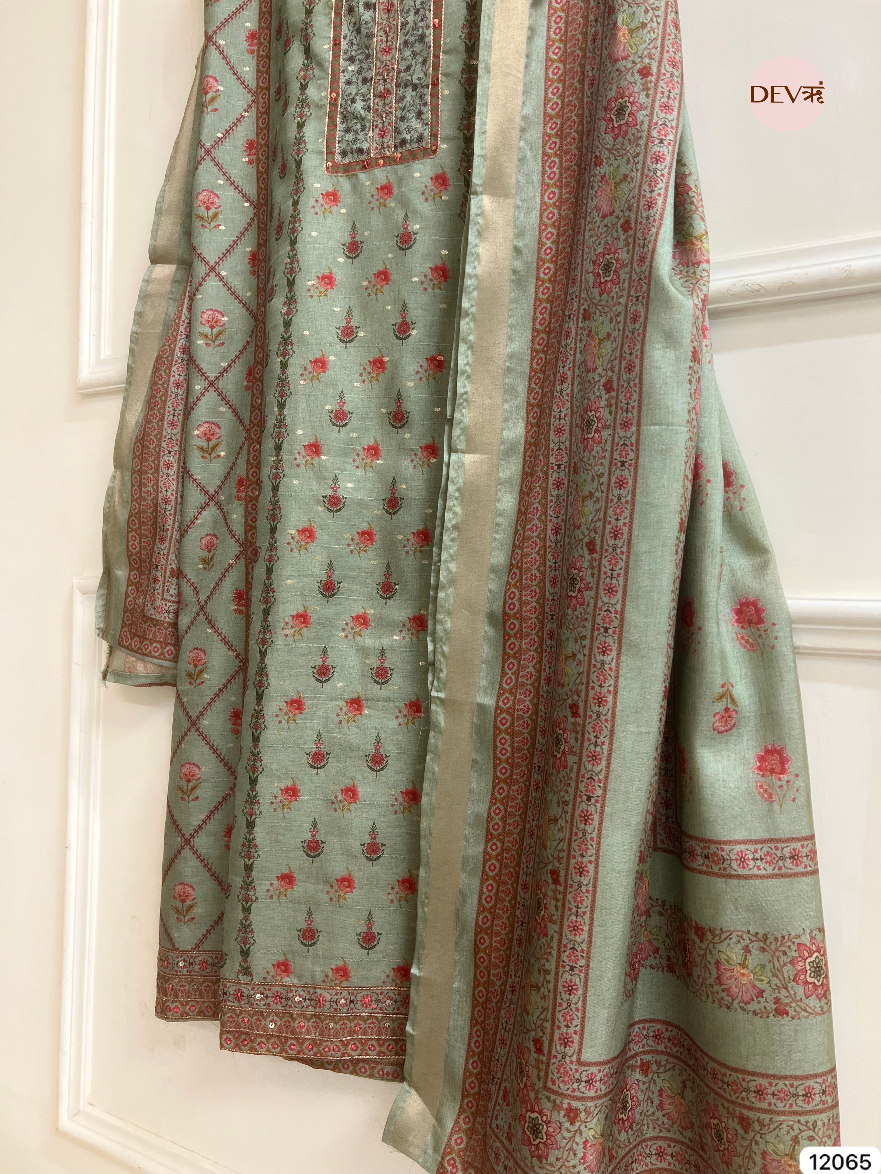 Green Raw Handloom Silk Unstitched Designer Printed With Hand Embroidery -Set Of 3 - {12065}