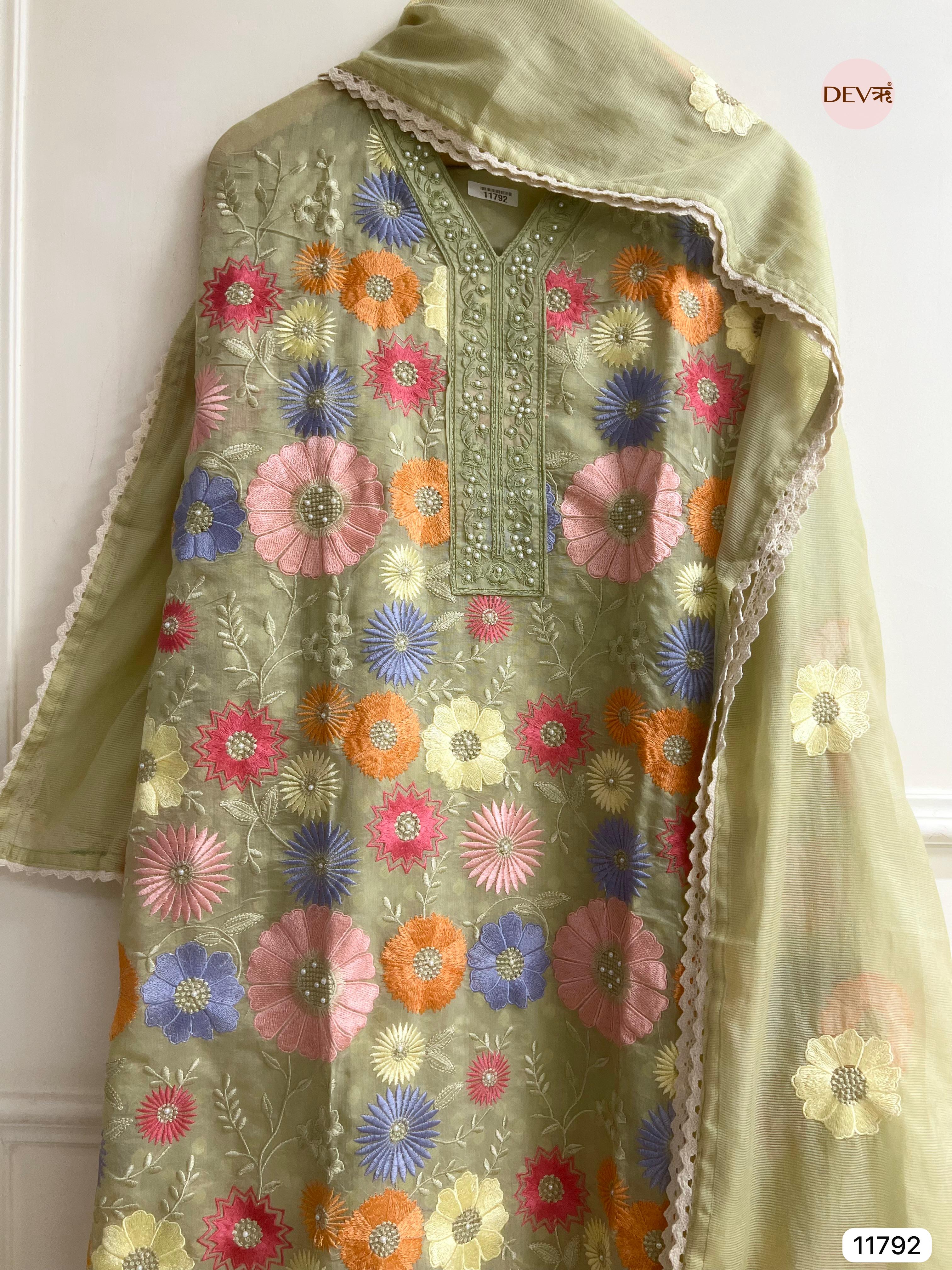 Green Mul Chanderi unstitched embroidered -Set Of 3- {11792}