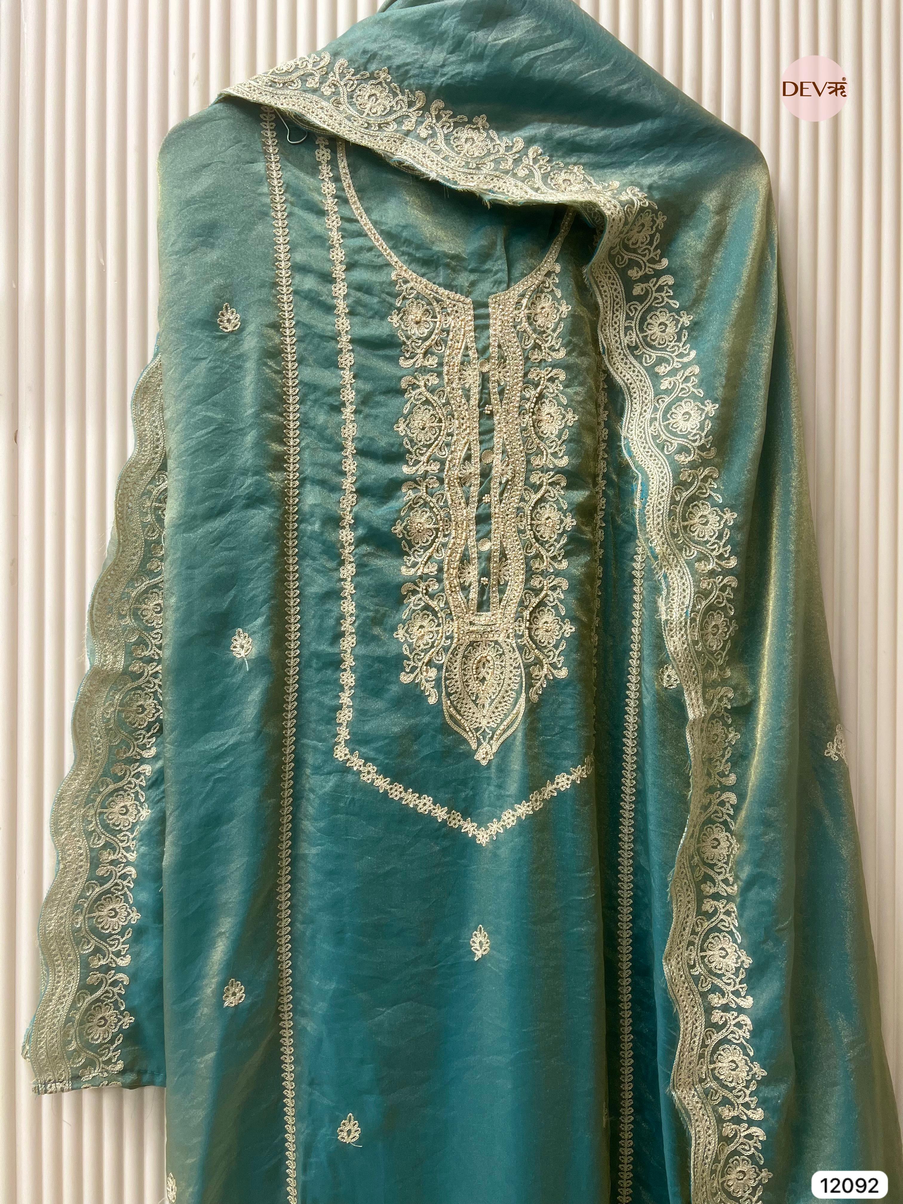 Blue Tissue Crush Silk Unstitched Embroidered -Set Of 3 - {12092}