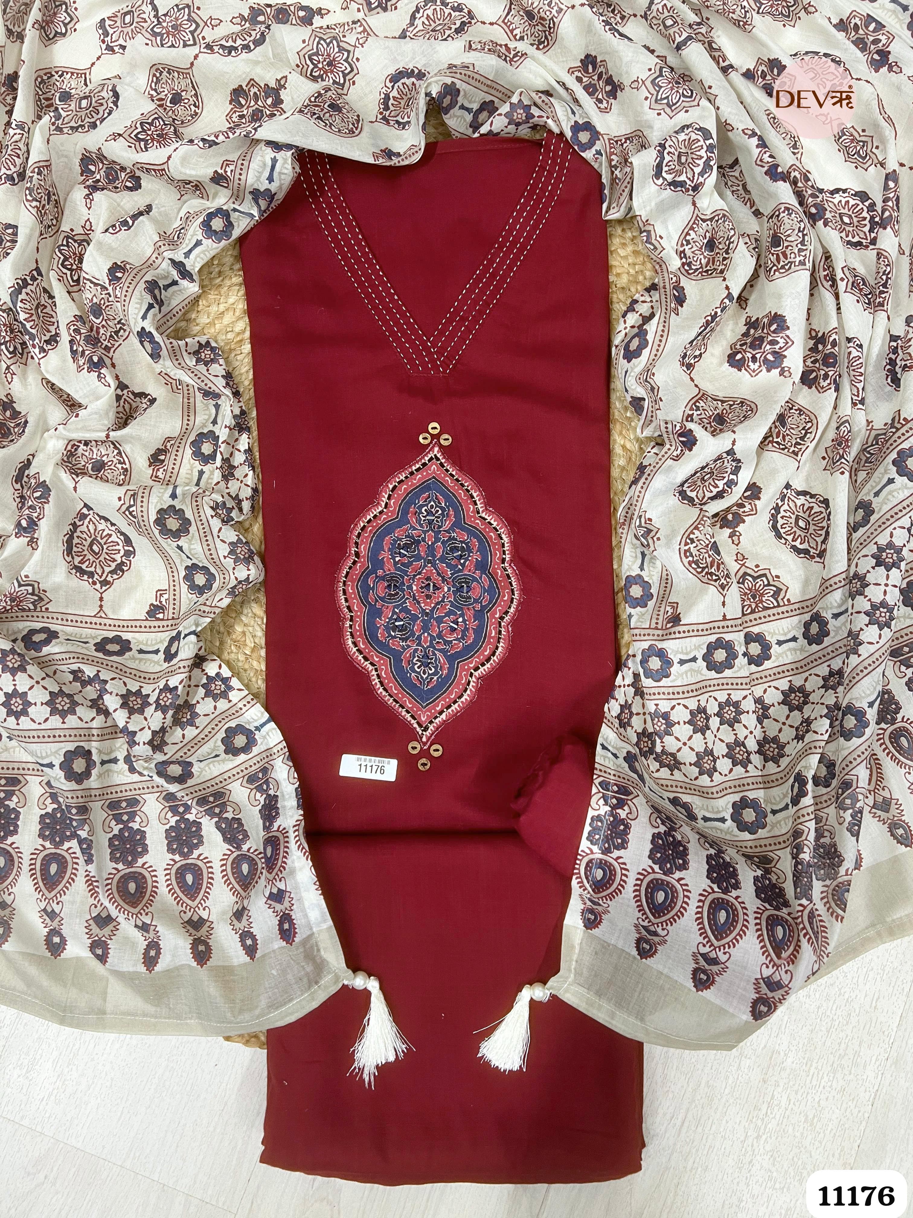 Maroon Slub Cotton Unstitched Hand Embroidered -Set Of 3 {11176}