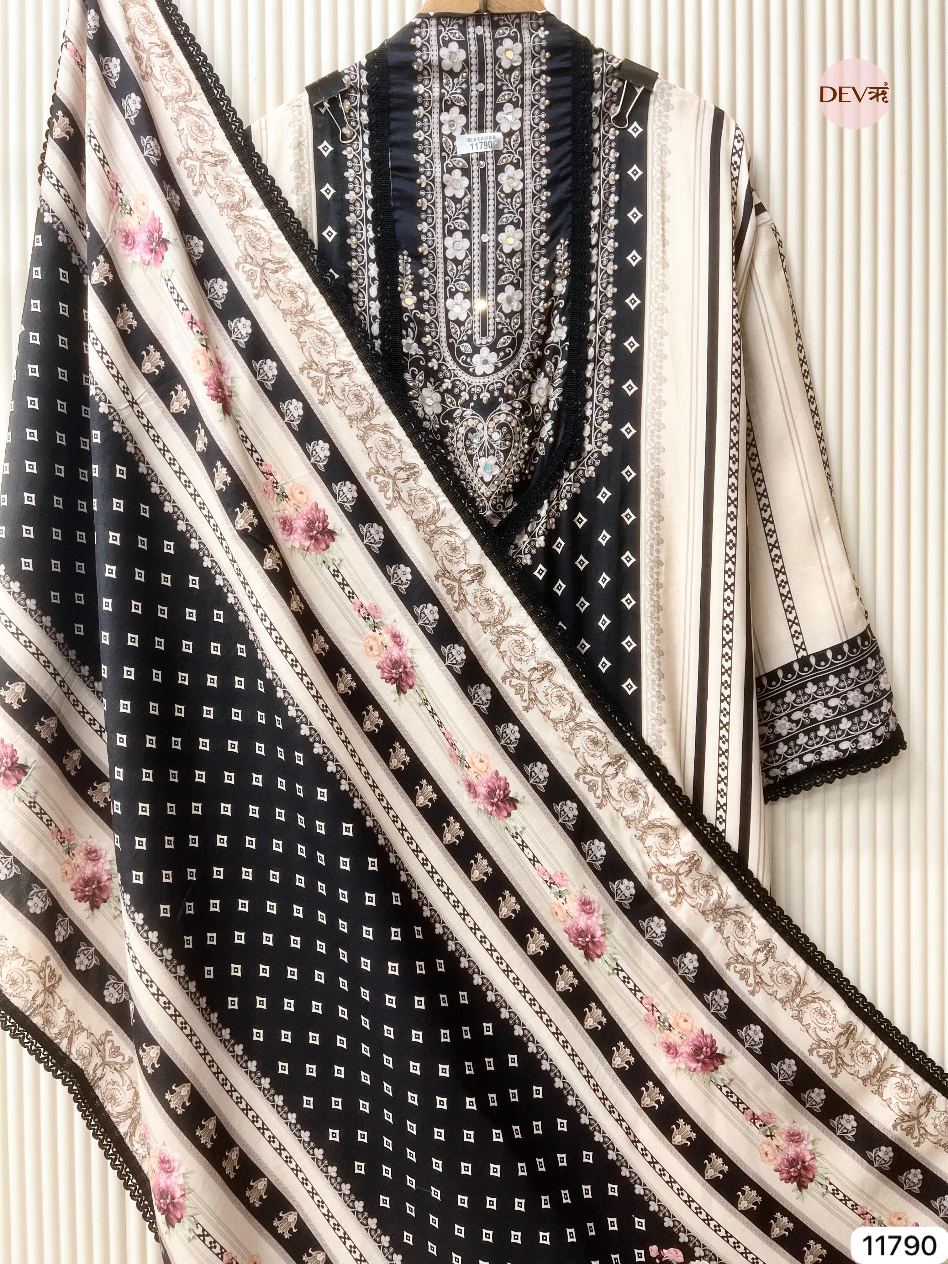 Black Pure Muslin Semi Stitched Pakistani Printed Hand Embroidered -Set Of 3 - {11790}