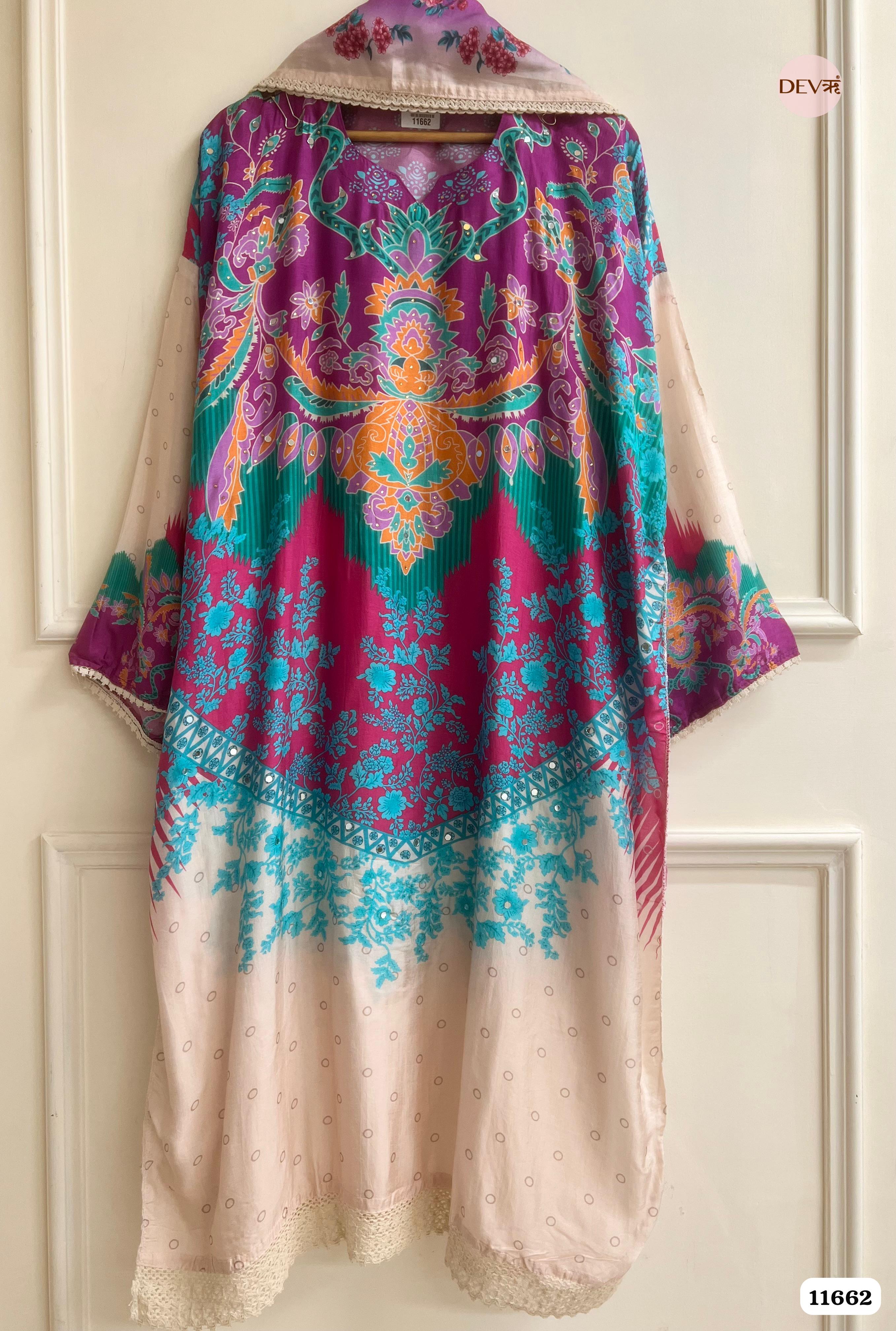 Multi Colour Russian Silk Printed Semi stitched Hand Embroidered -Set Of 3 - {11662}