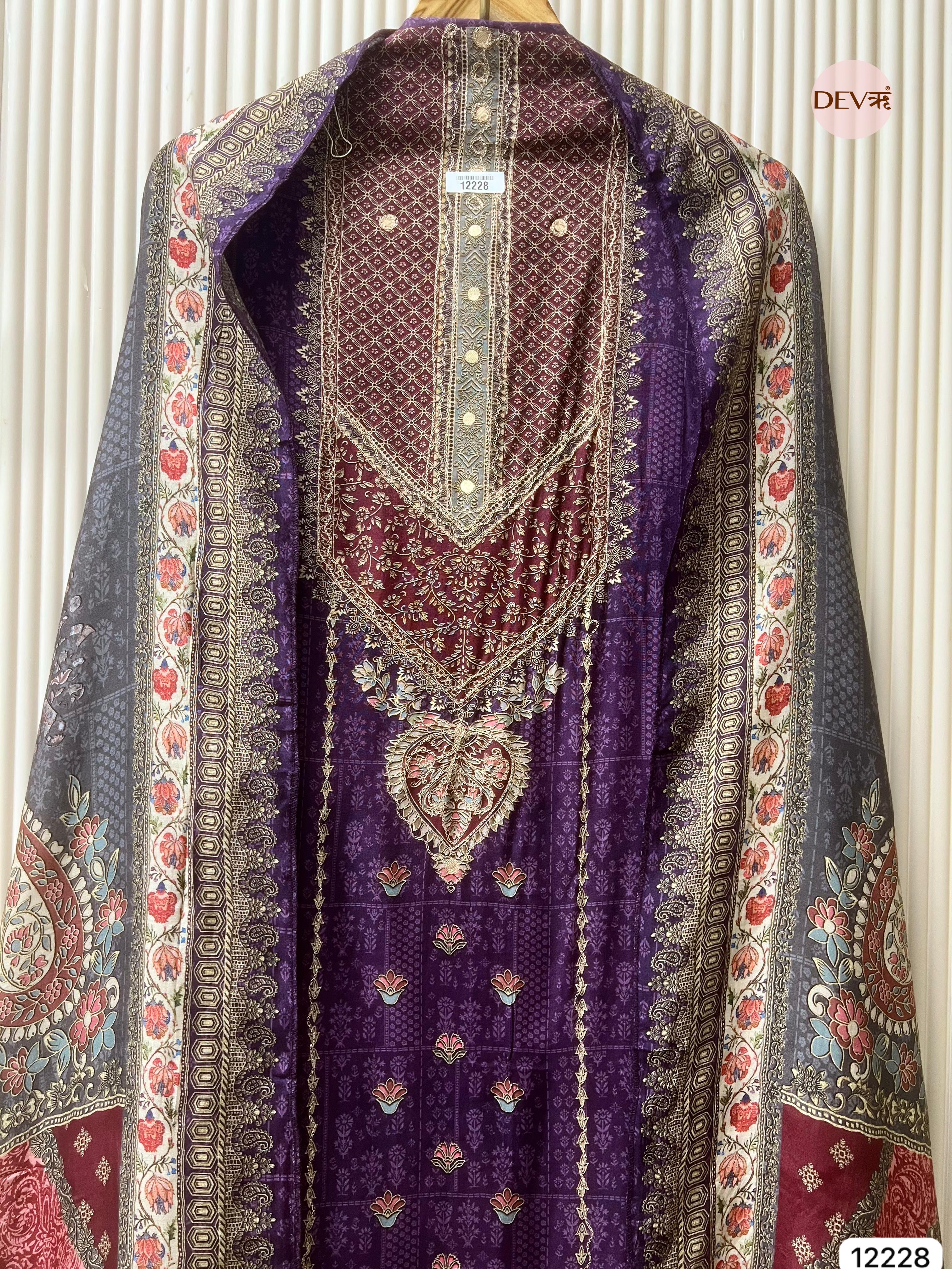 Purple Pure Muslin Printed Unstitched 3-Piece Suit (Devri – D.No 12228)
