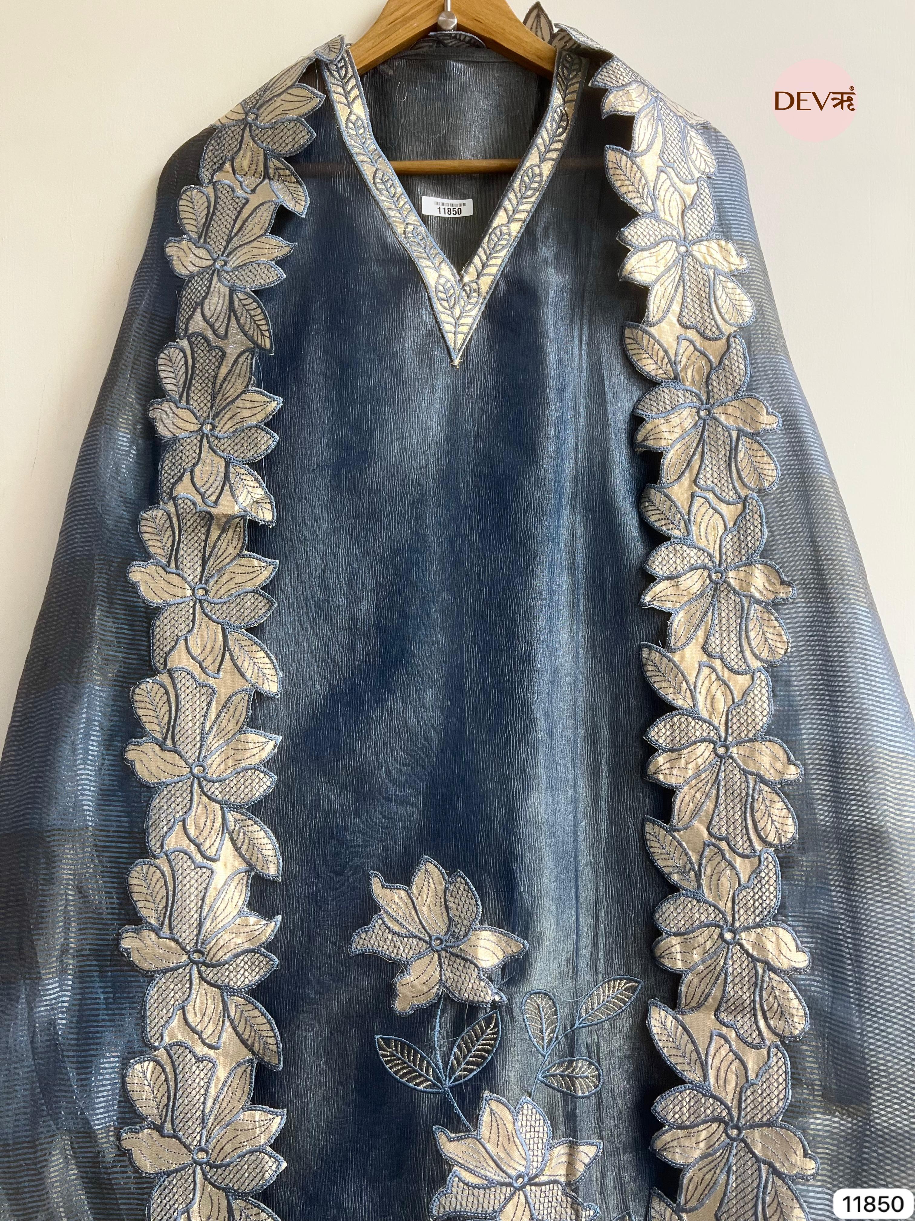 Navy Blue Tissue Silk Unstitched Embroidered -Set Of 3 - {11850}