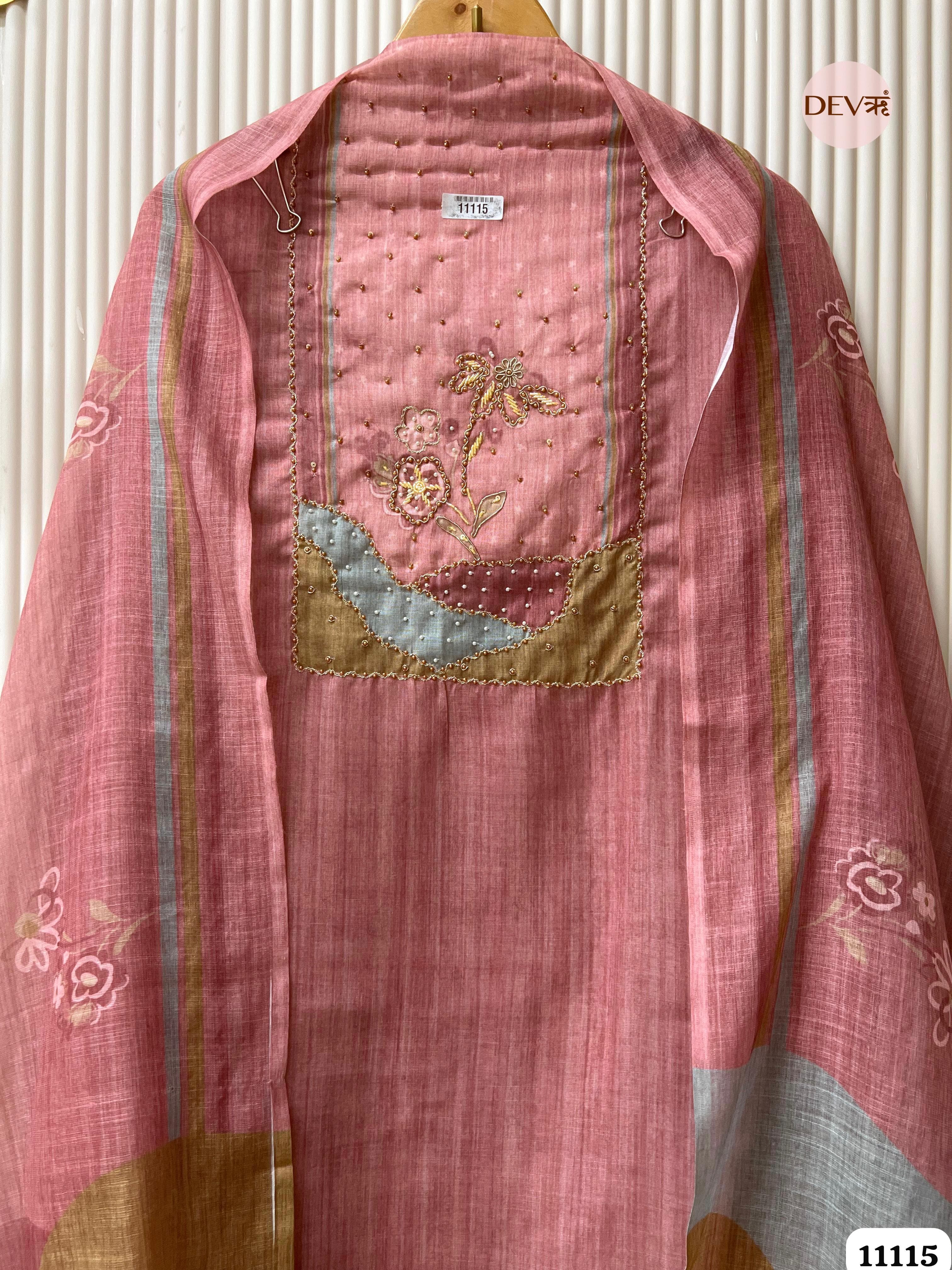 Maroon Linen Printed Unstitched Hand Embroidered -Set Of 3