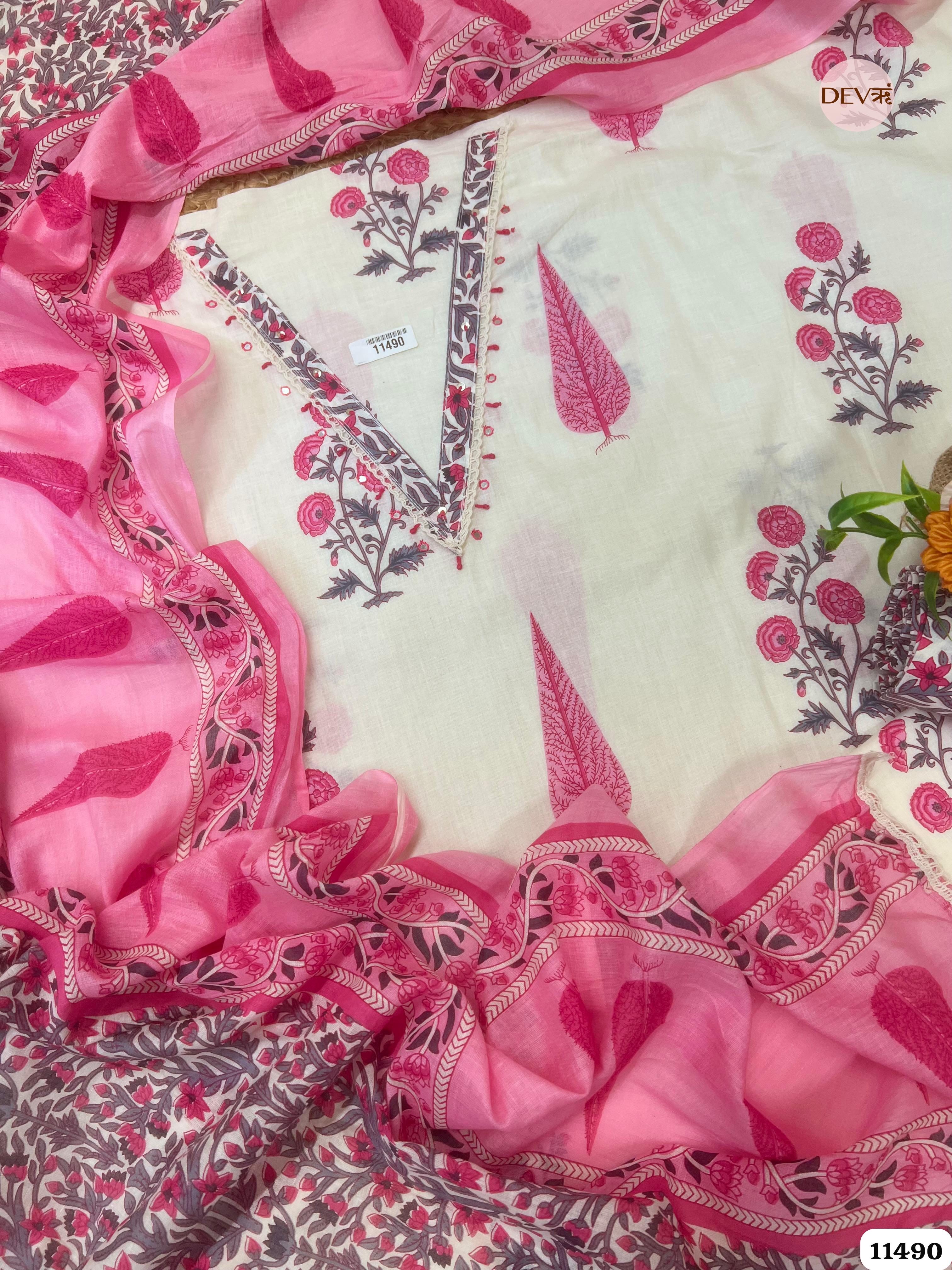White and pink Pure Cotton Unstitched Printed Embroidered -Set Of 3 {11490}