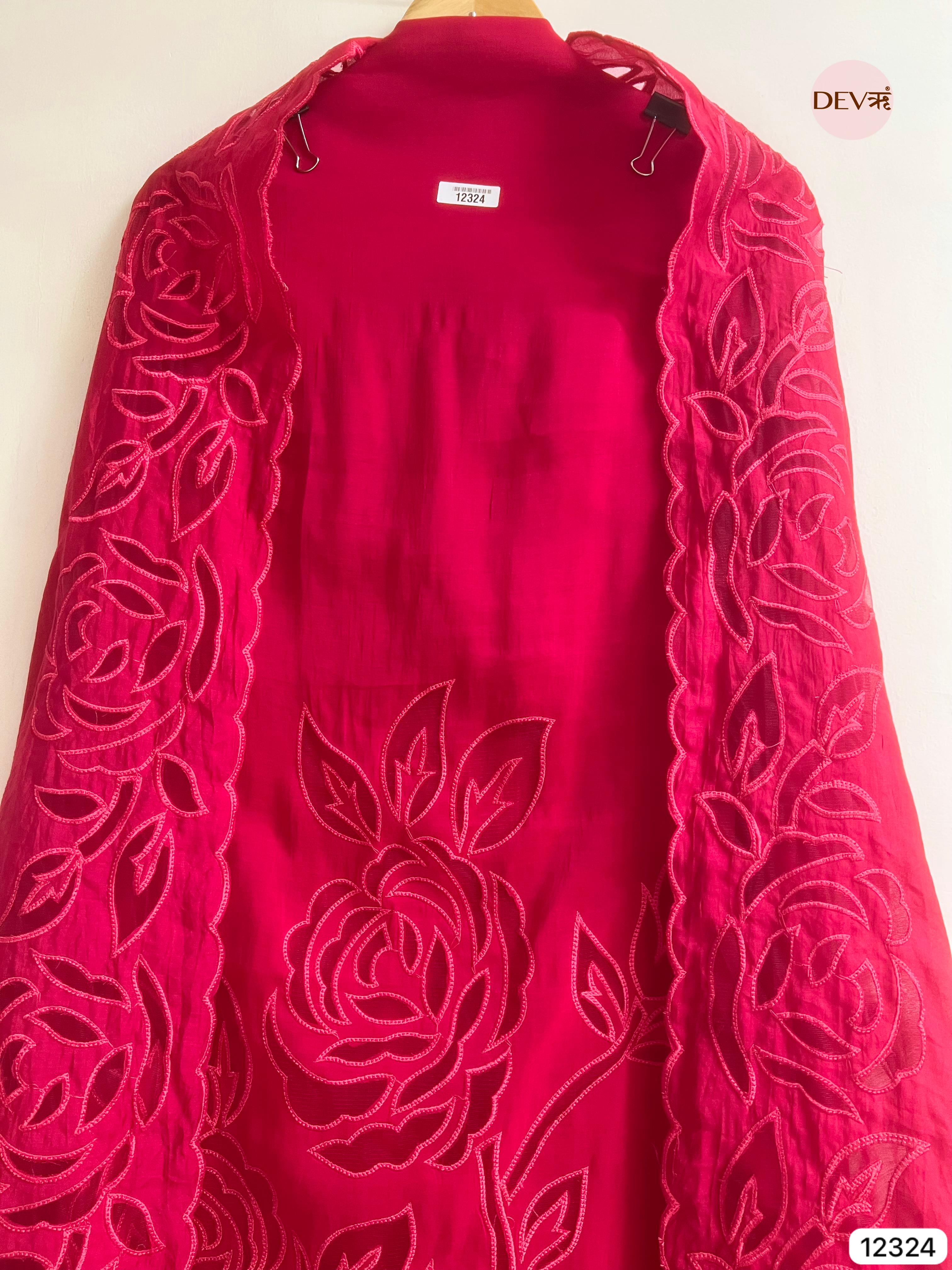 Deep Pink Mul Chanderi Embroidered Unstitched 3-Piece Suit (Devri – D.No 12324)